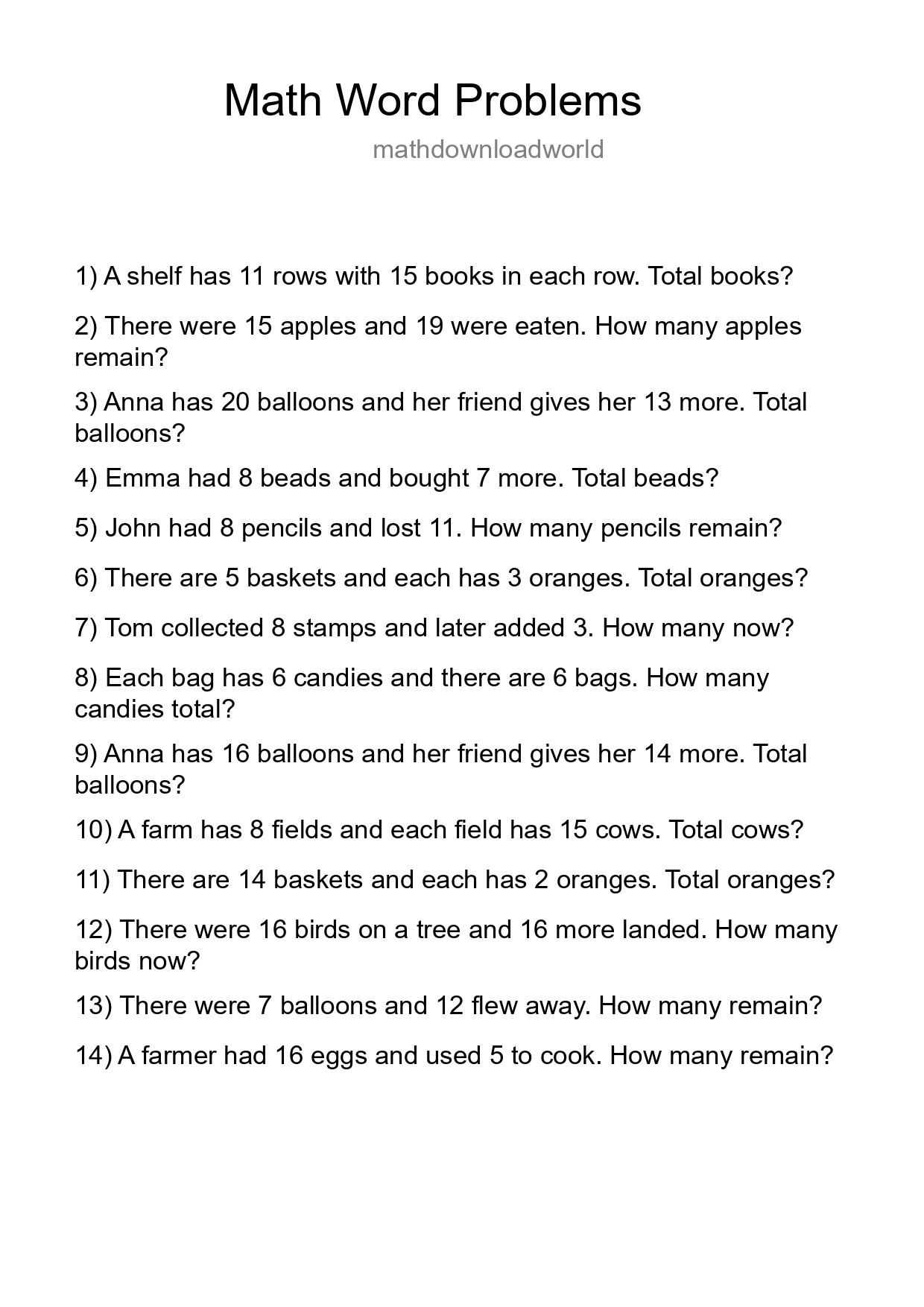 Math Word Problem Worksheet