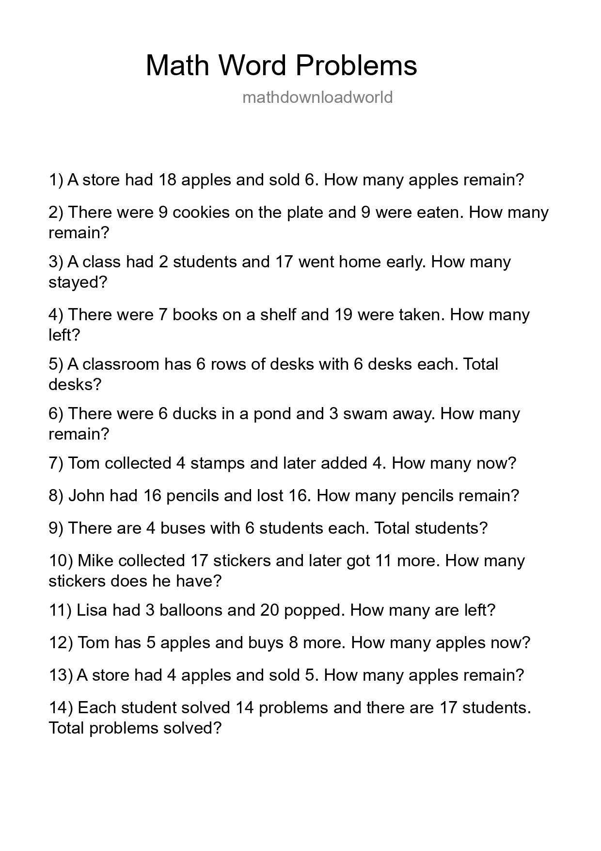 Math Word Problem Worksheet
