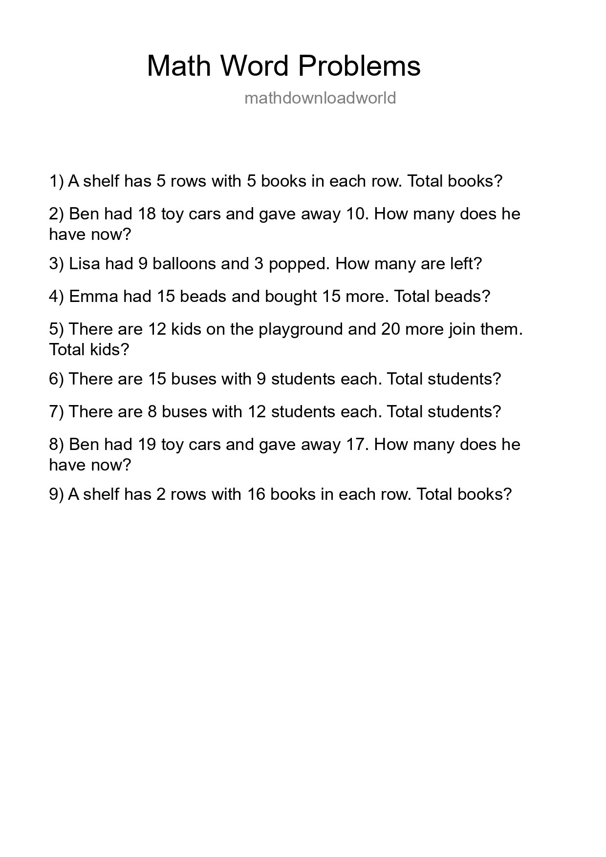 Math Word Problem Worksheet