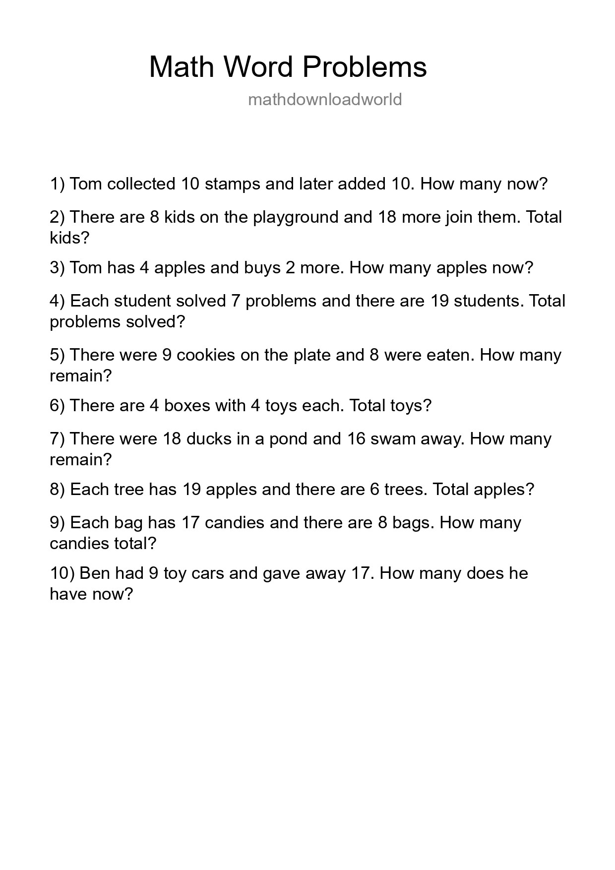 Math Word Problem Worksheet