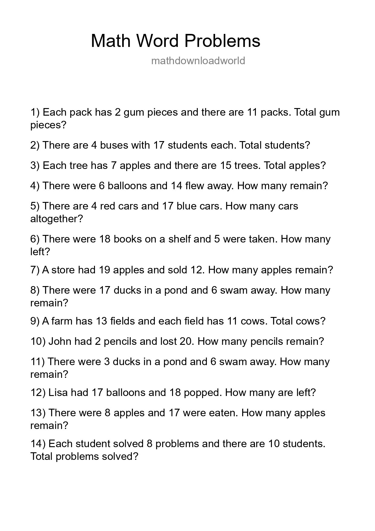Math Word Problem Worksheet