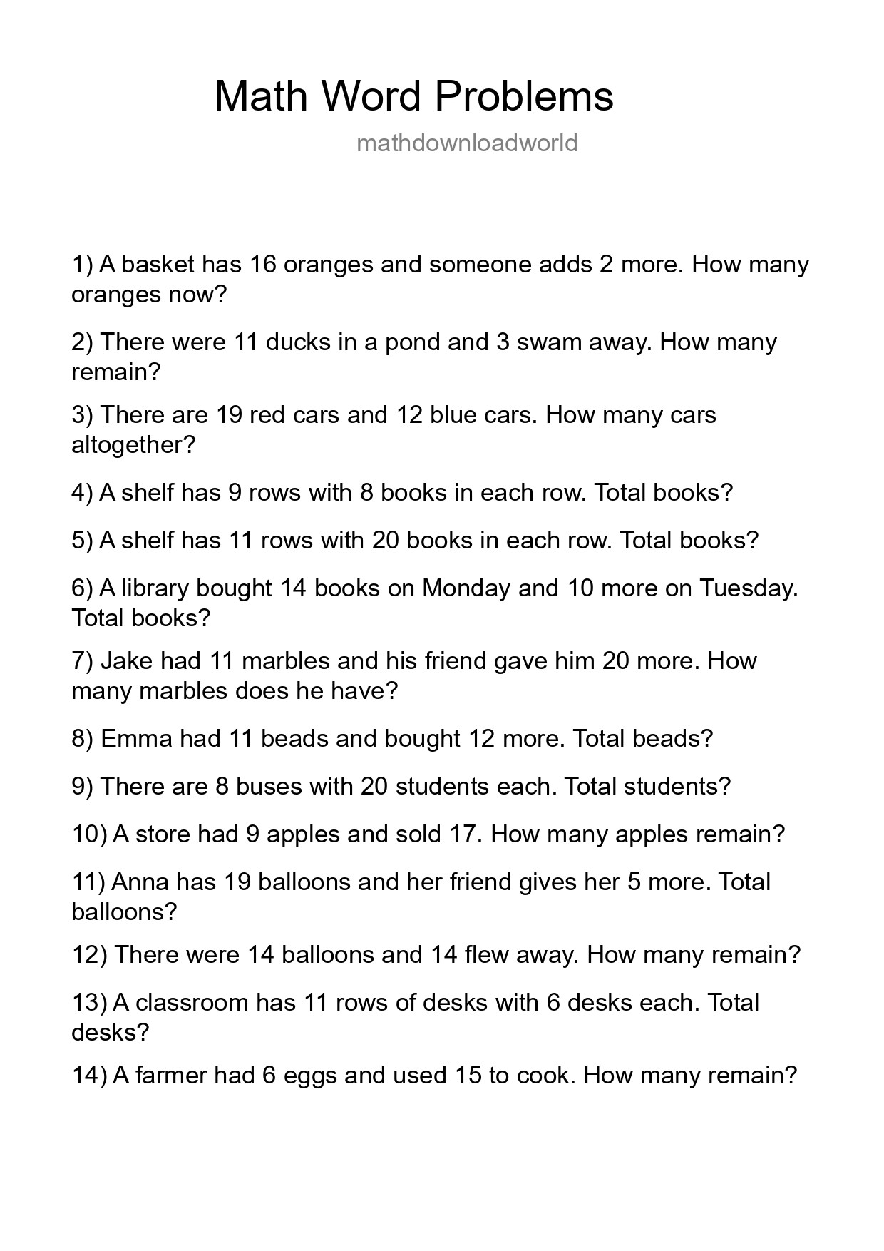 Math Word Problem Worksheet