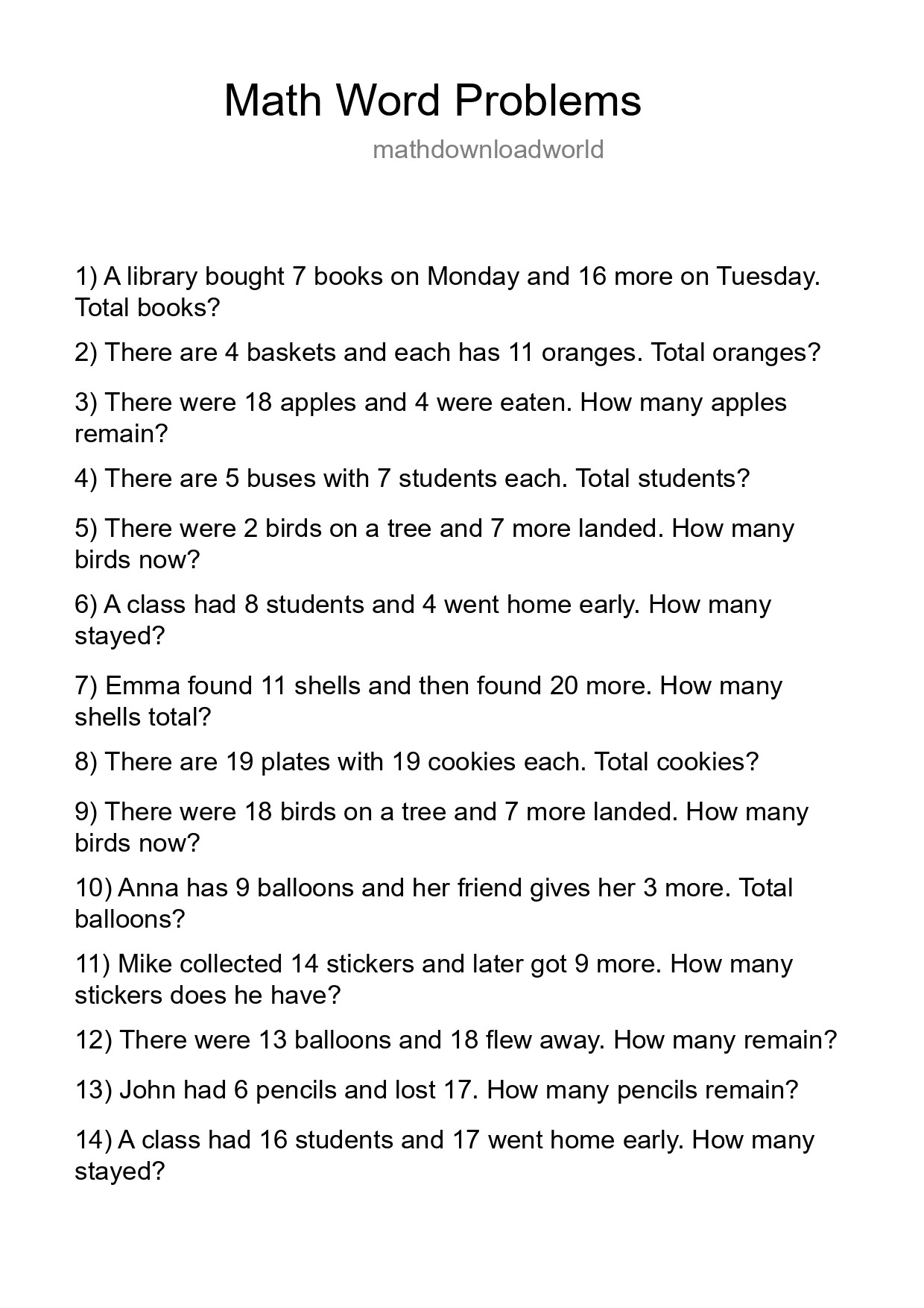 Math Word Problem Worksheet