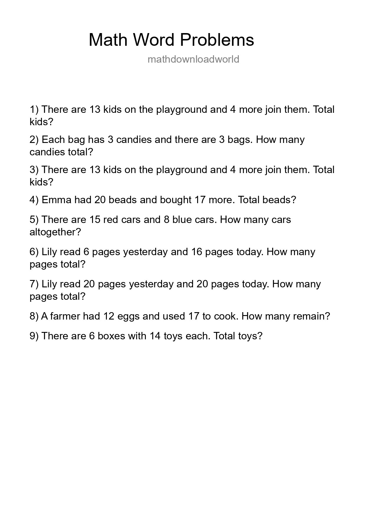 Math Word Problem Worksheet