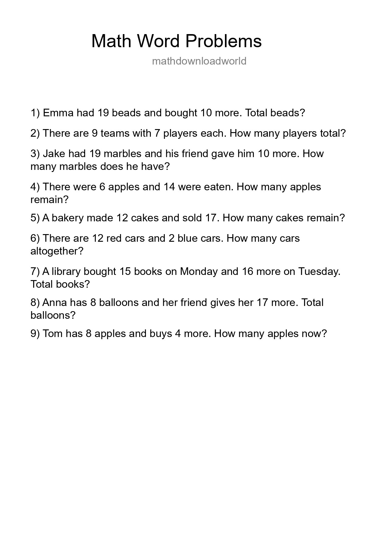 Math Word Problem Worksheet