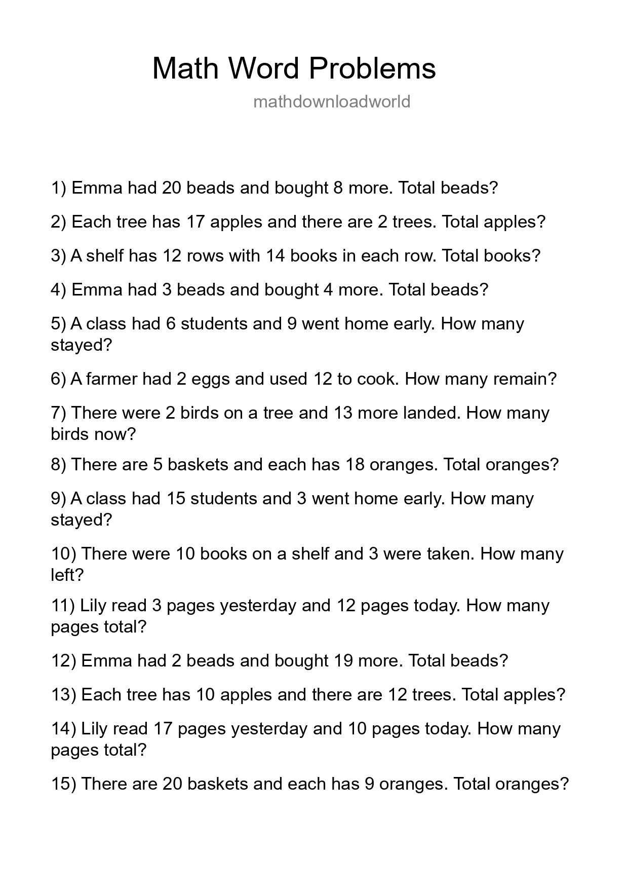 Math Word Problem Worksheet