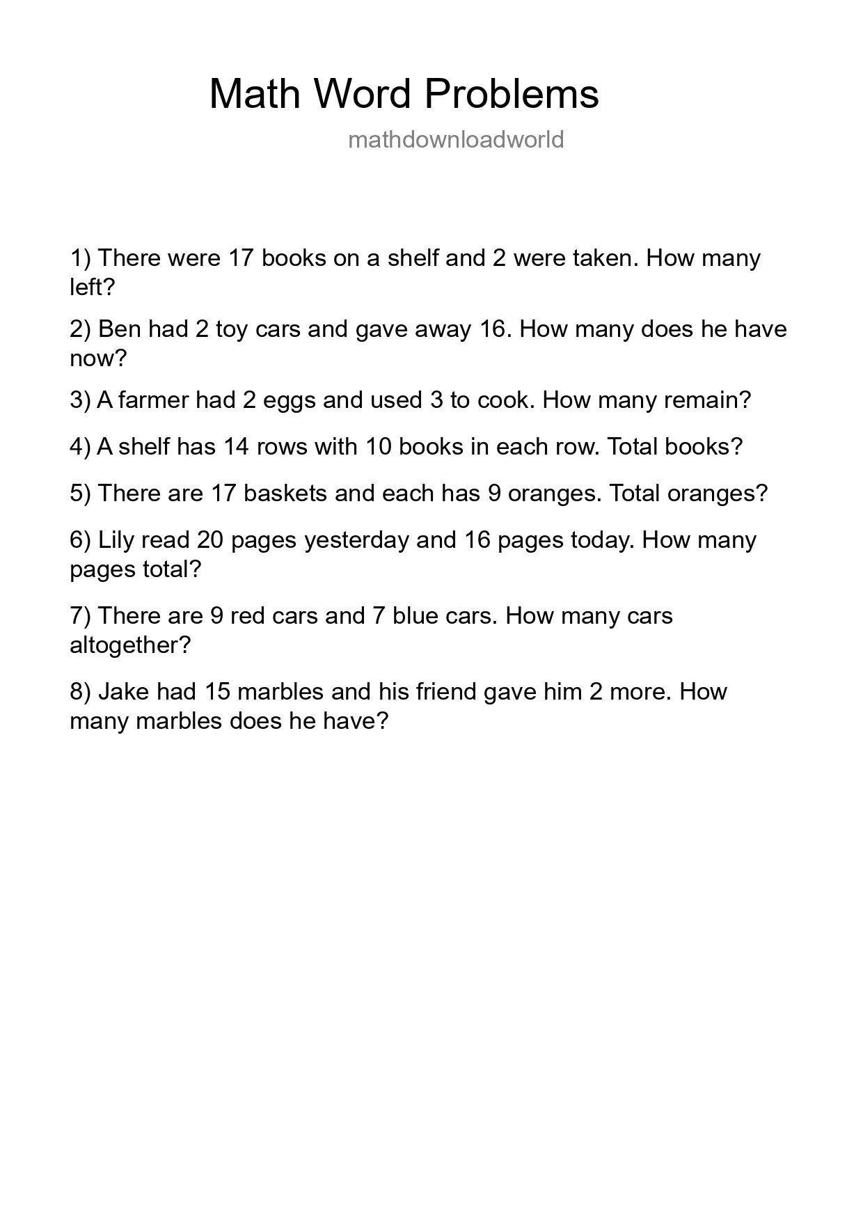 Math Word Problem Worksheet