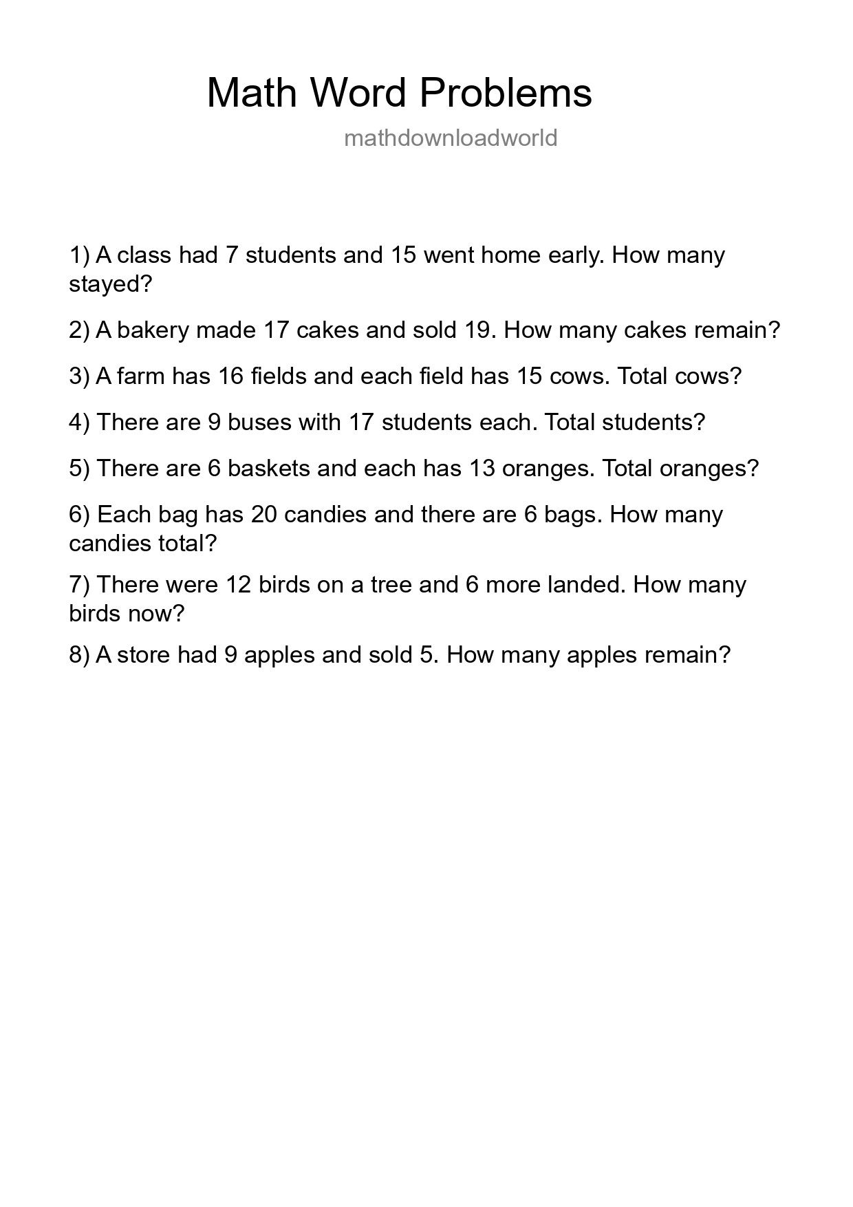 Math Word Problem Worksheet