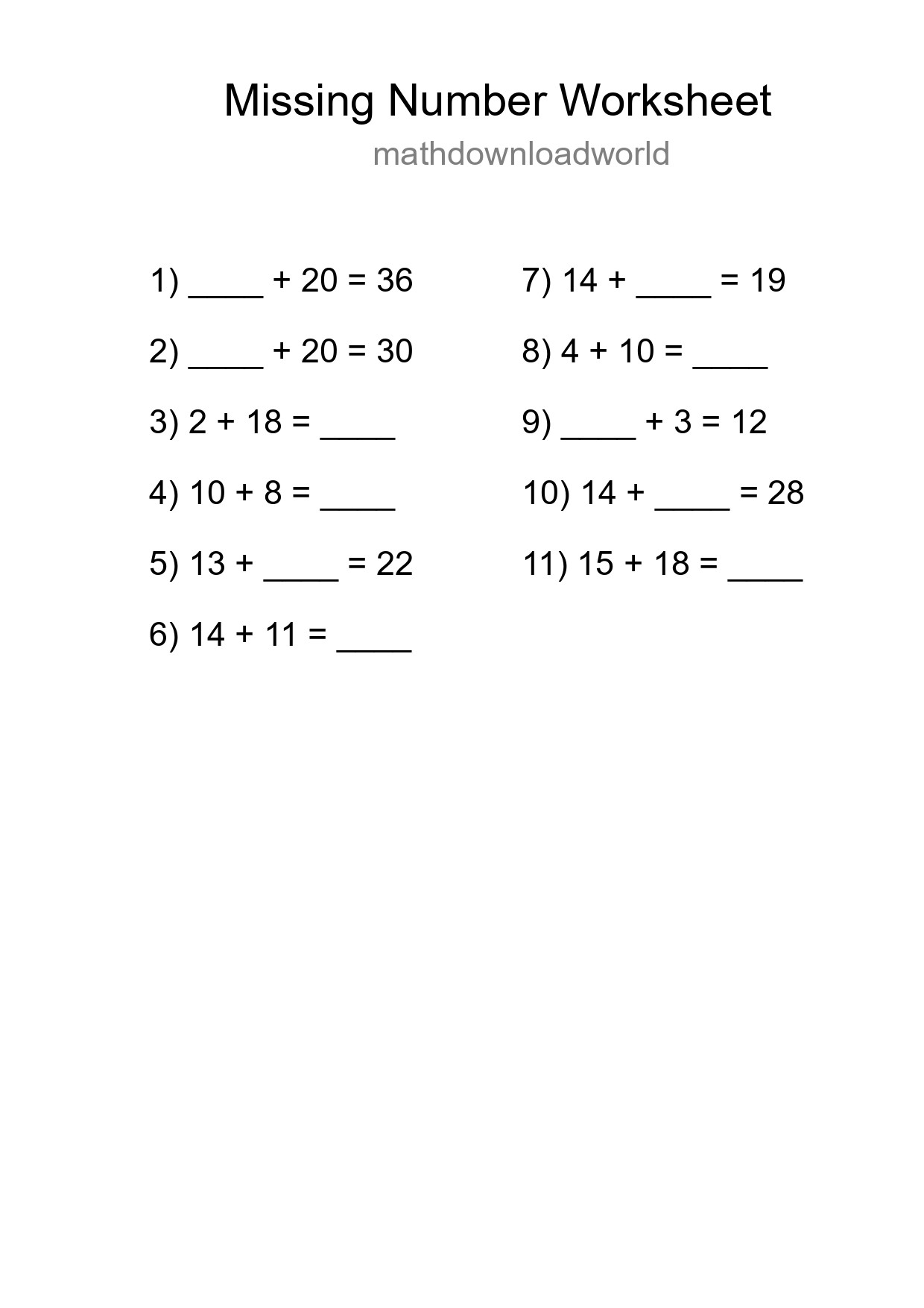Missing Number Math Worksheet