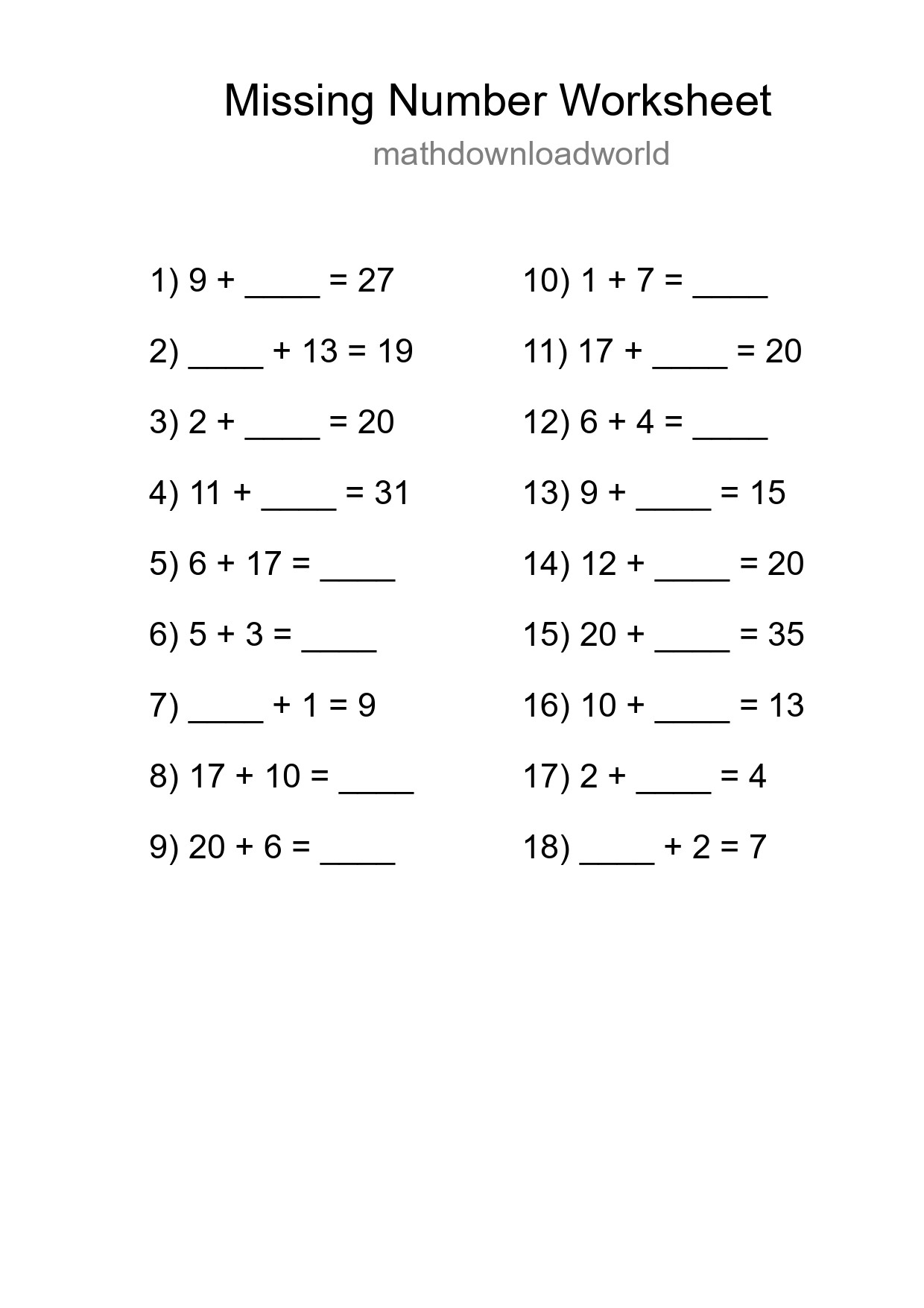 Missing Number Math Worksheet