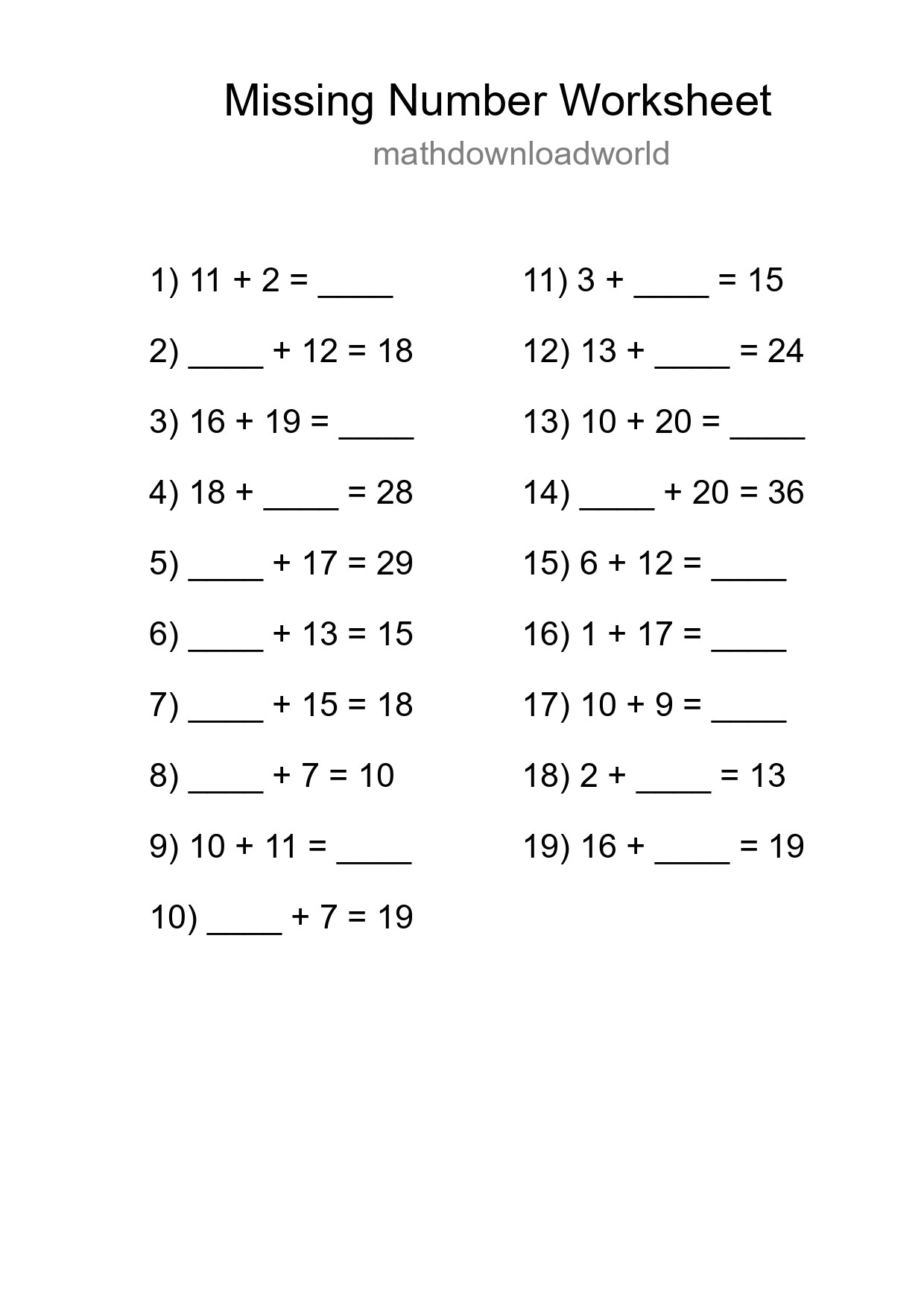 Missing Number Math Worksheet