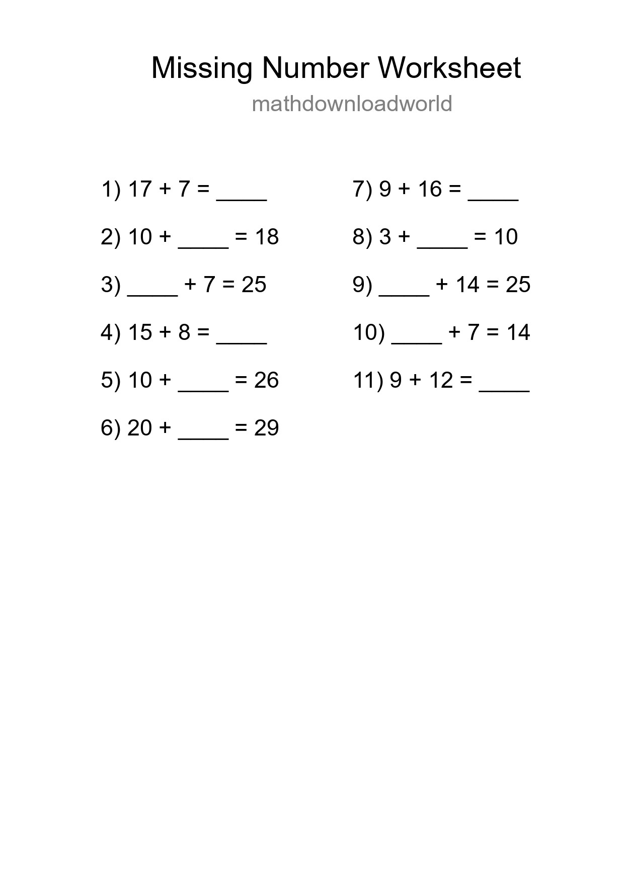 Missing Number Math Worksheet