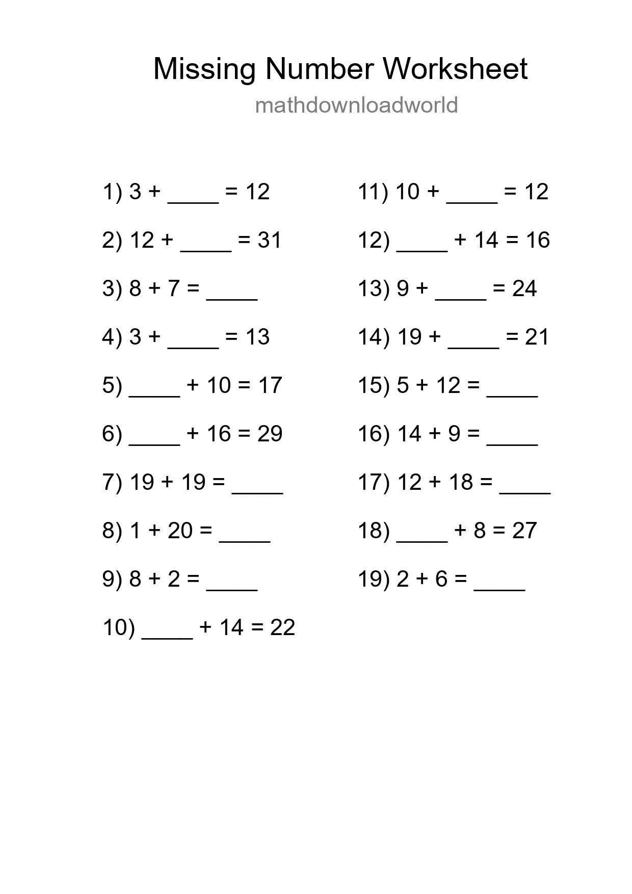 Missing Number Math Worksheet
