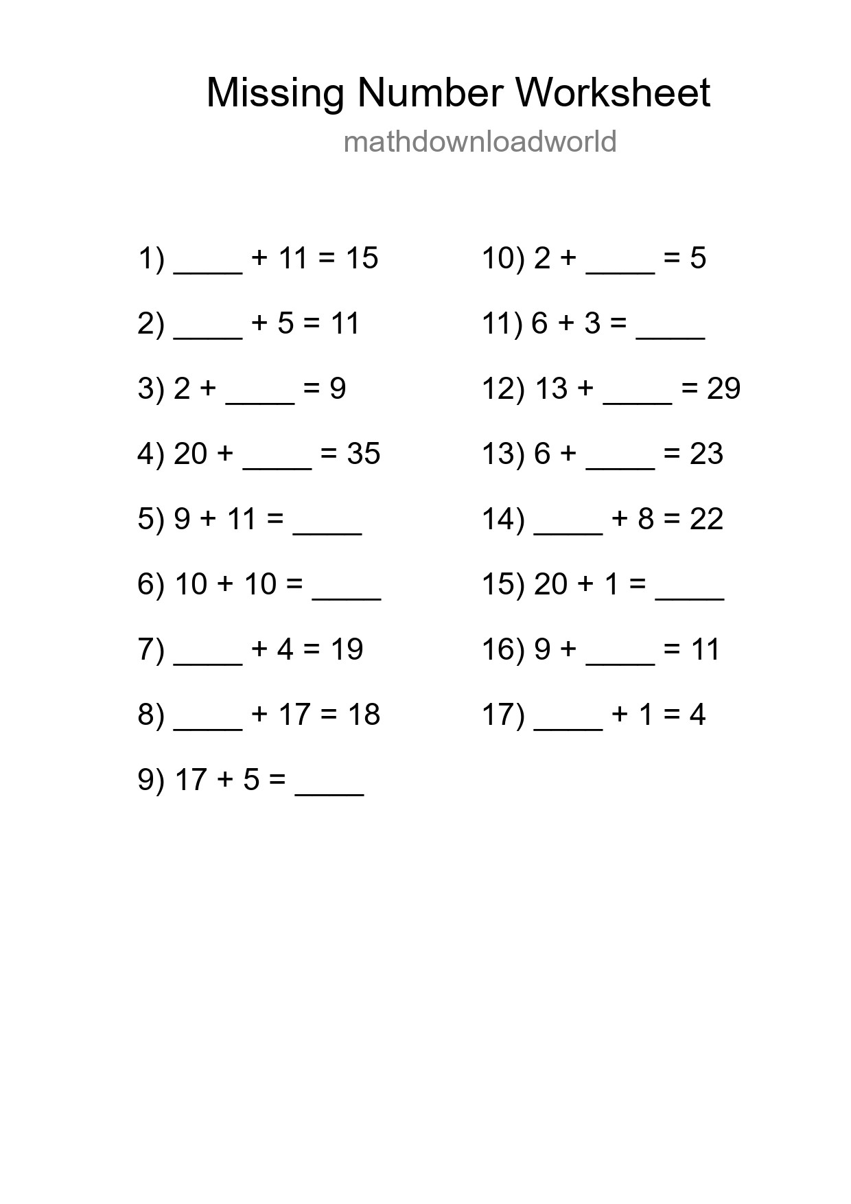 Missing Number Math Worksheet