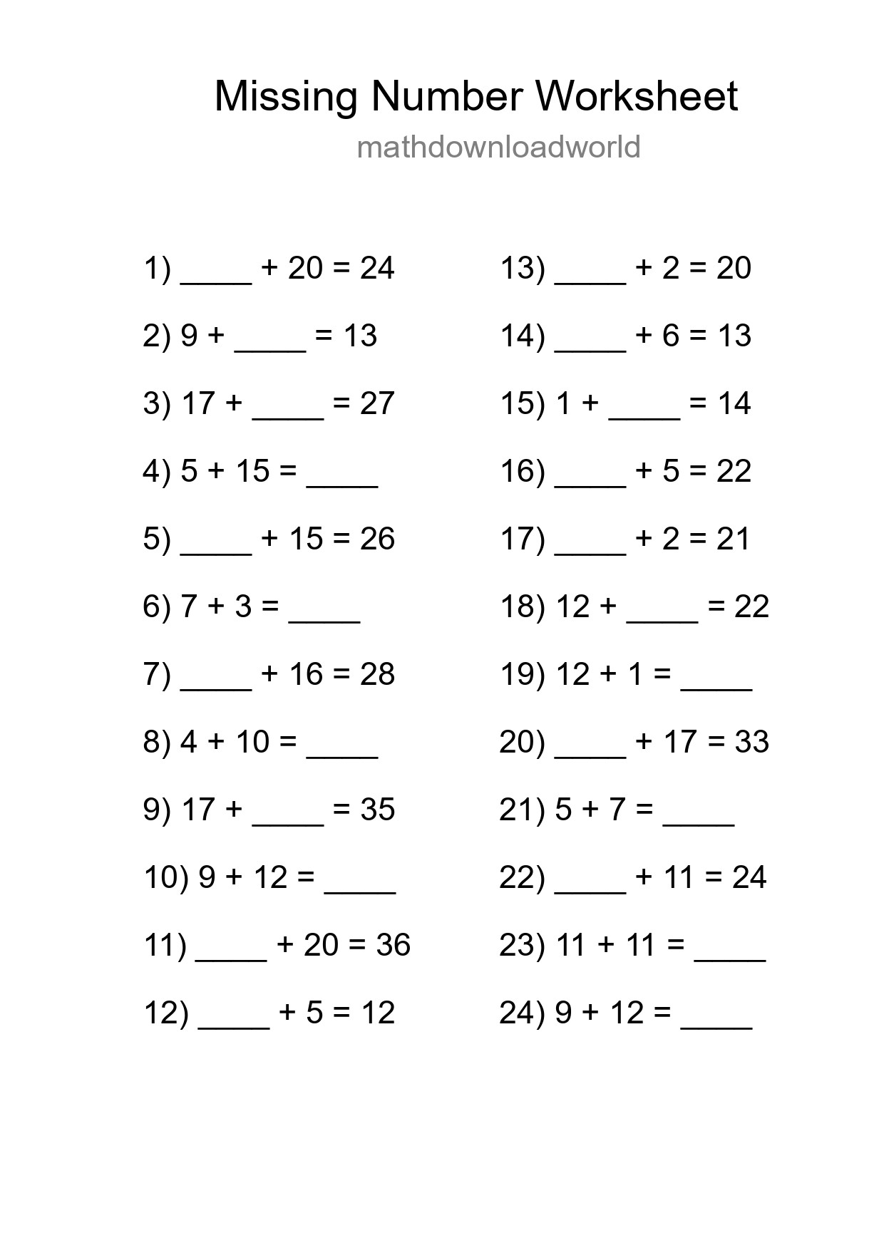 Missing Number Math Worksheet