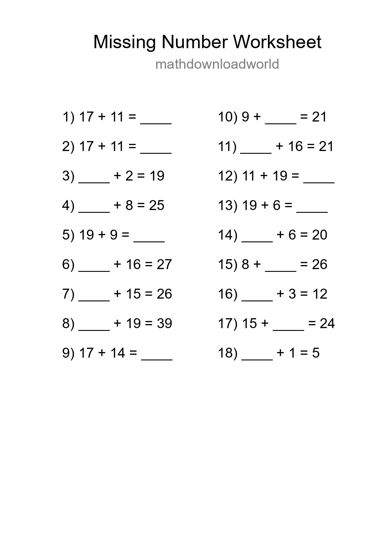 Missing Number Math Worksheet