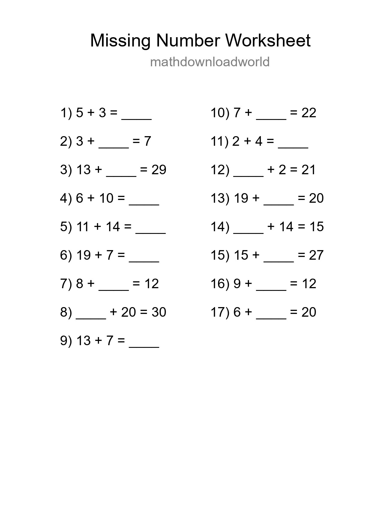 Missing Number Math Worksheet