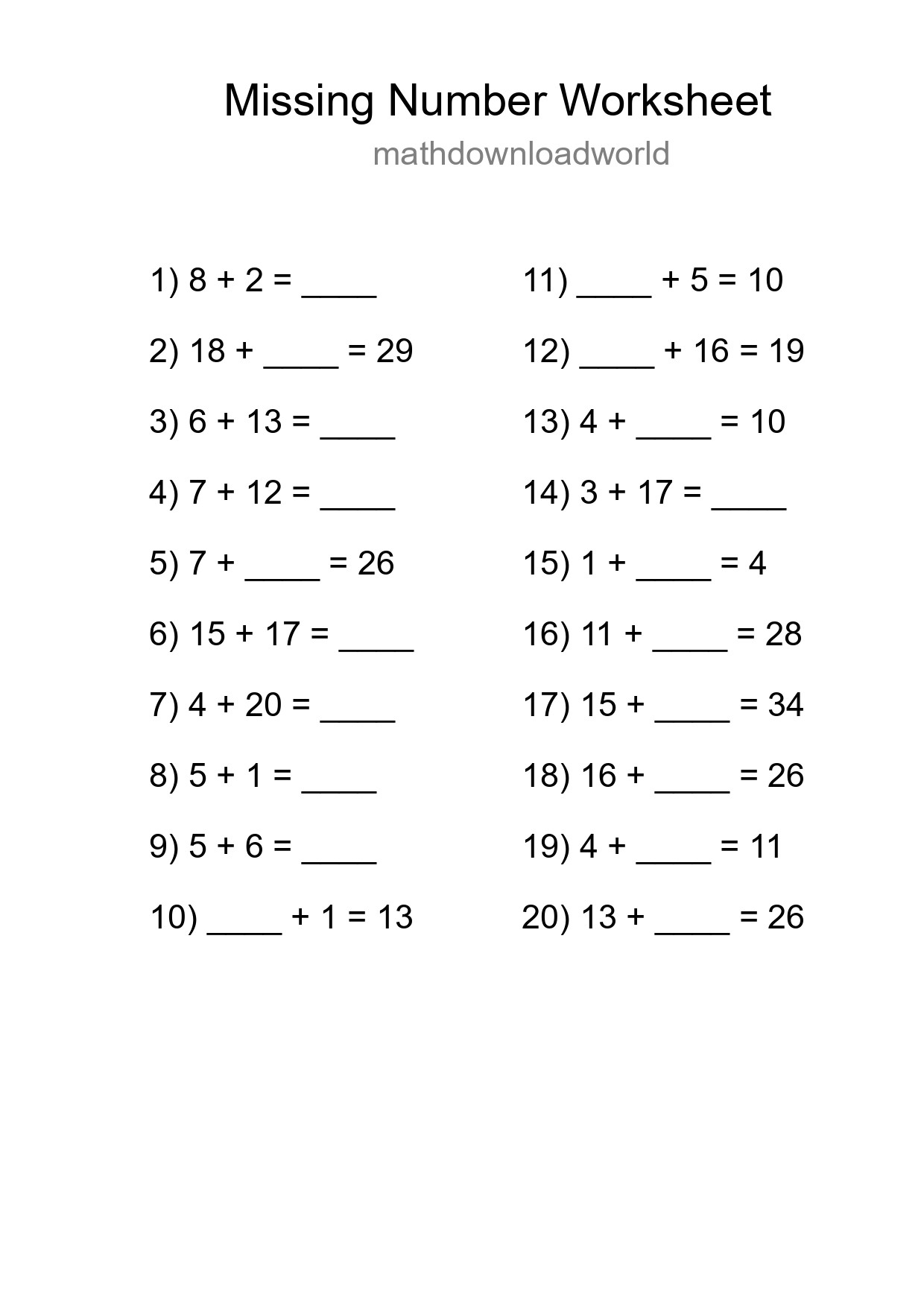Missing Number Math Worksheet