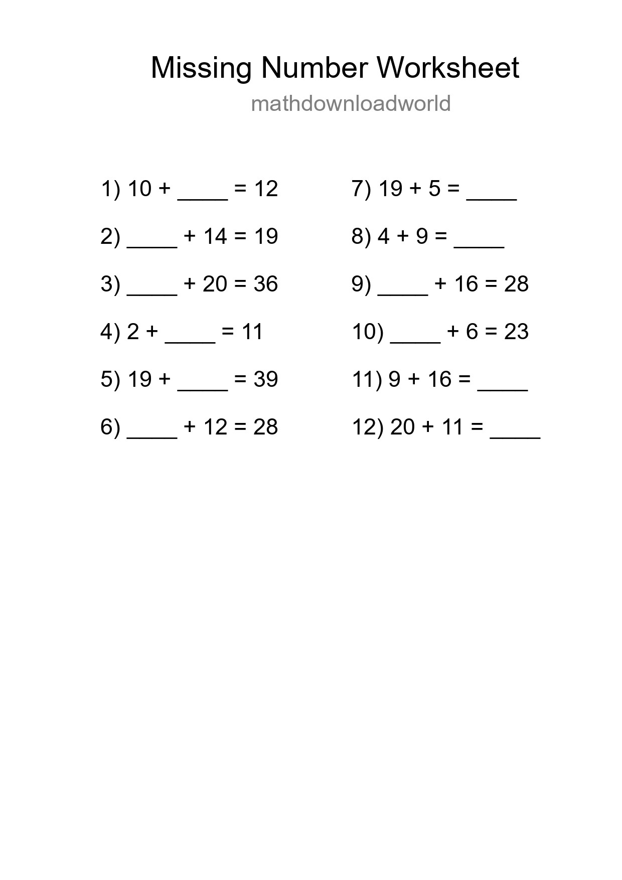 Missing Number Math Worksheet