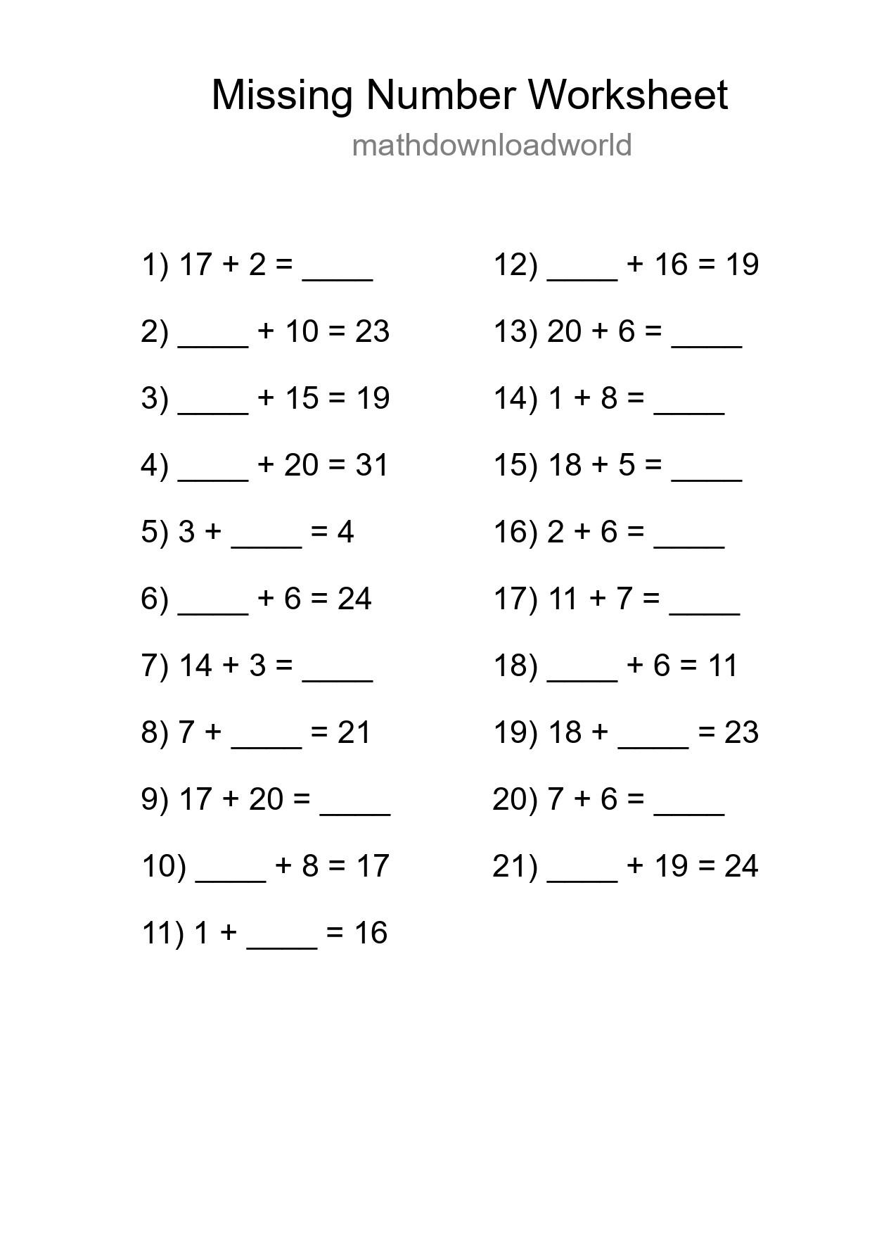 Missing Number Math Worksheet