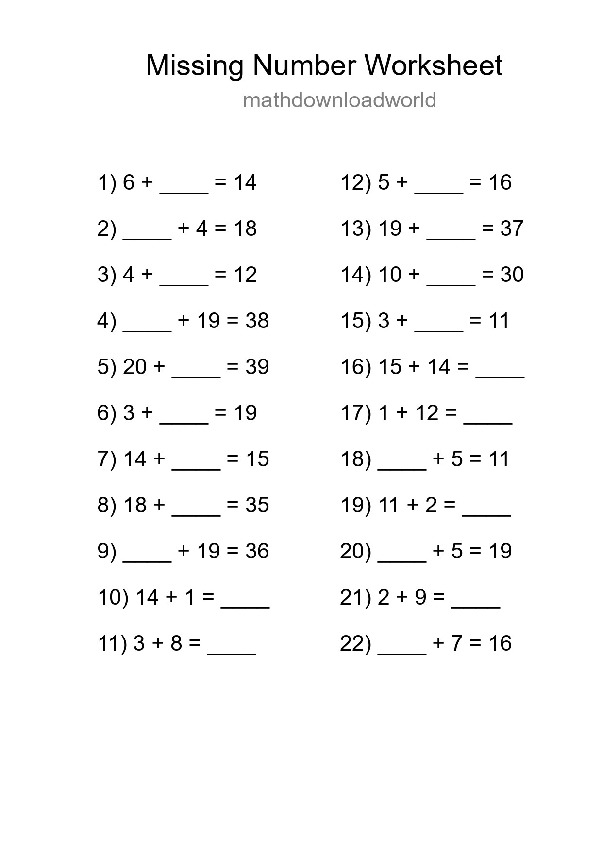 Missing Number Math Worksheet