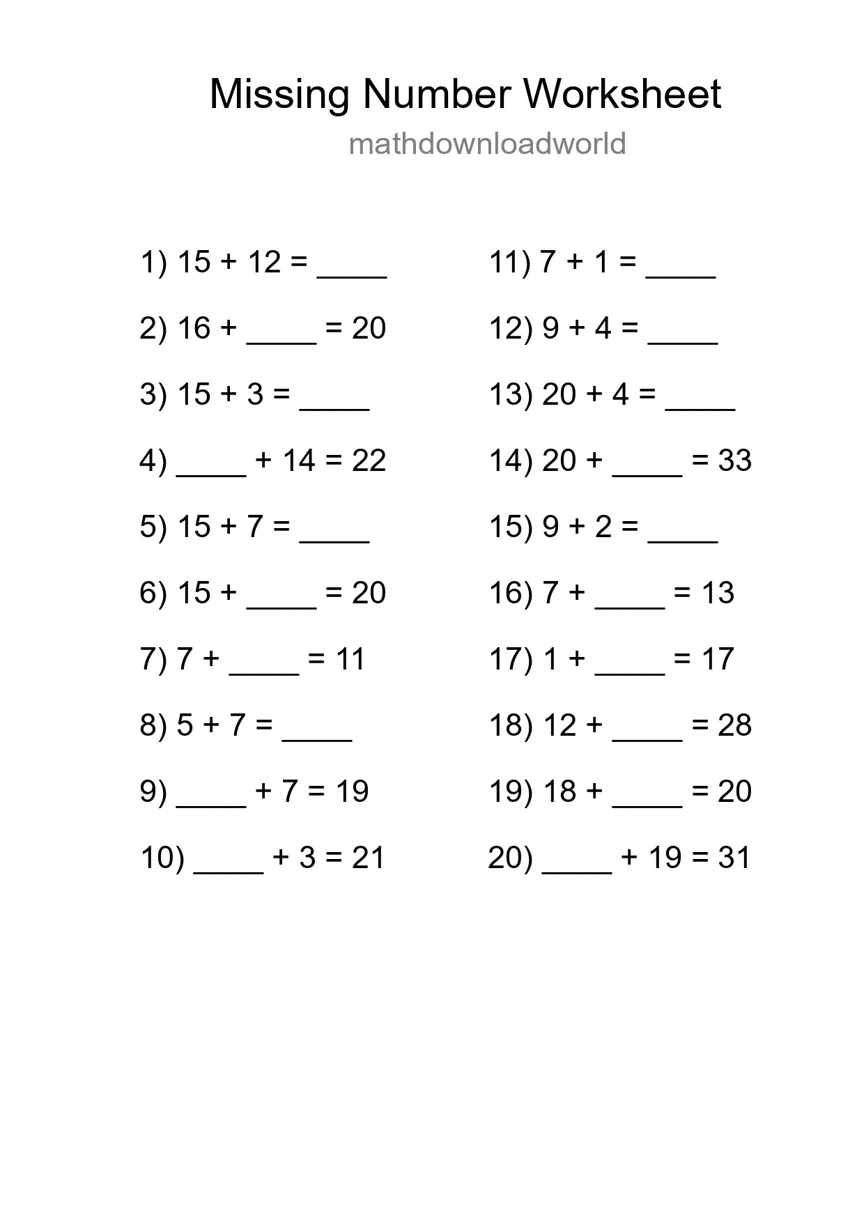 Missing Number Math Worksheet