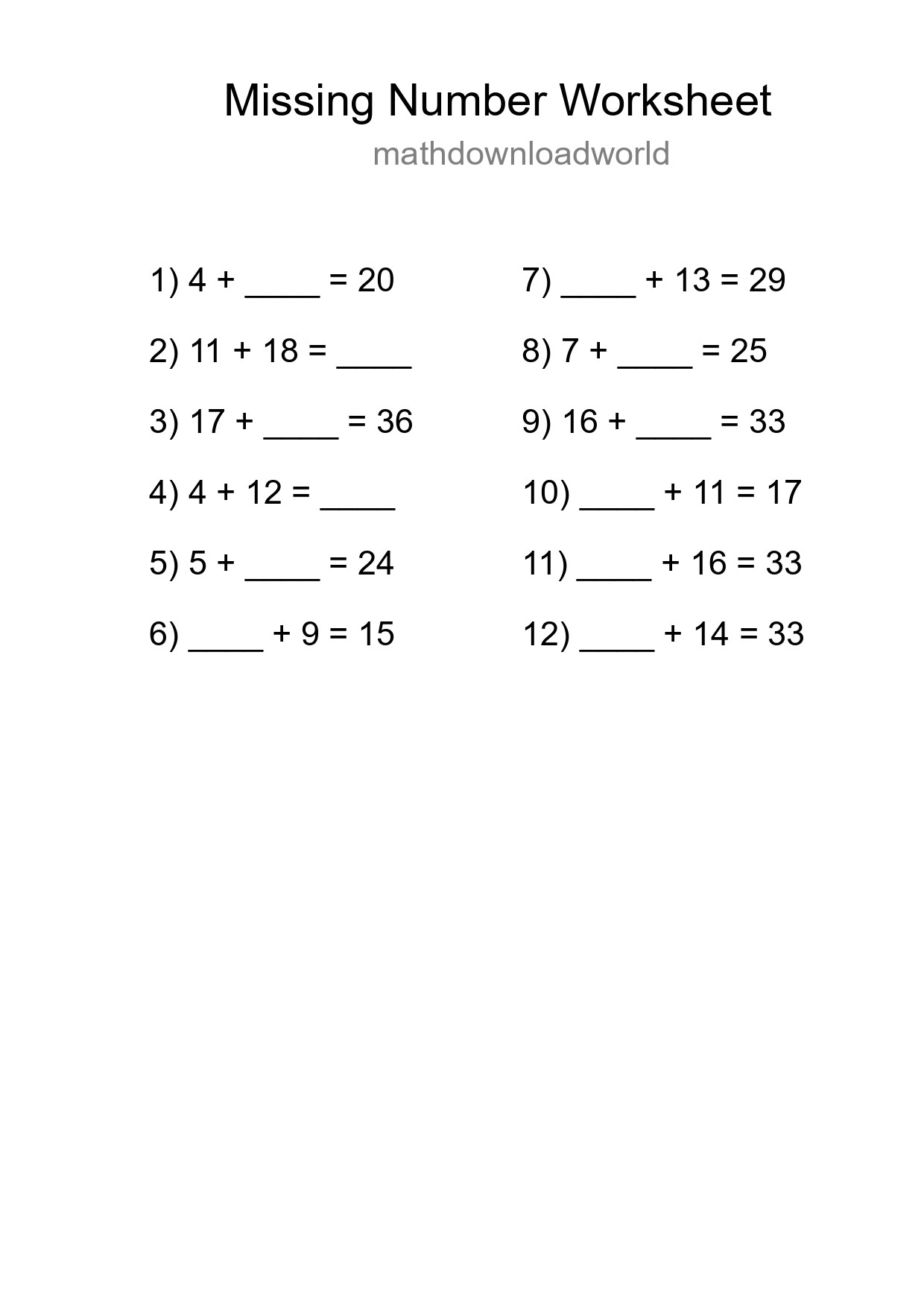 Missing Number Math Worksheet