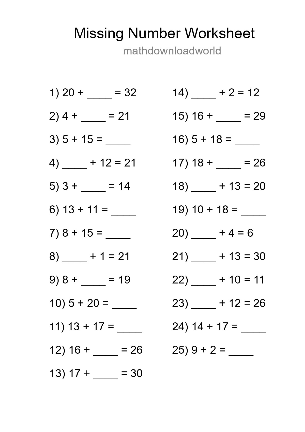 Missing Number Math Worksheet