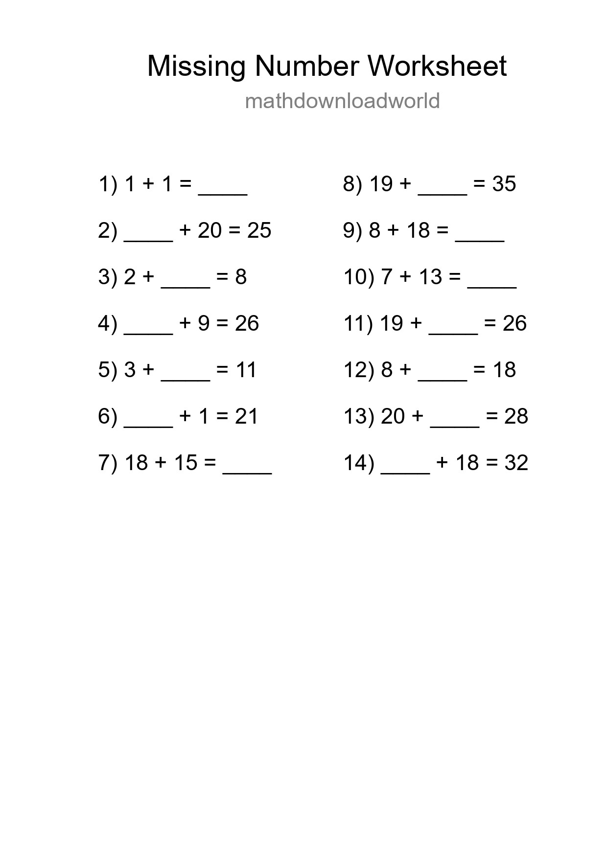 Missing Number Math Worksheet