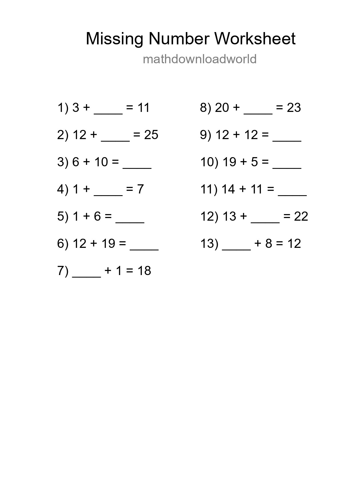 Missing Number Math Worksheet