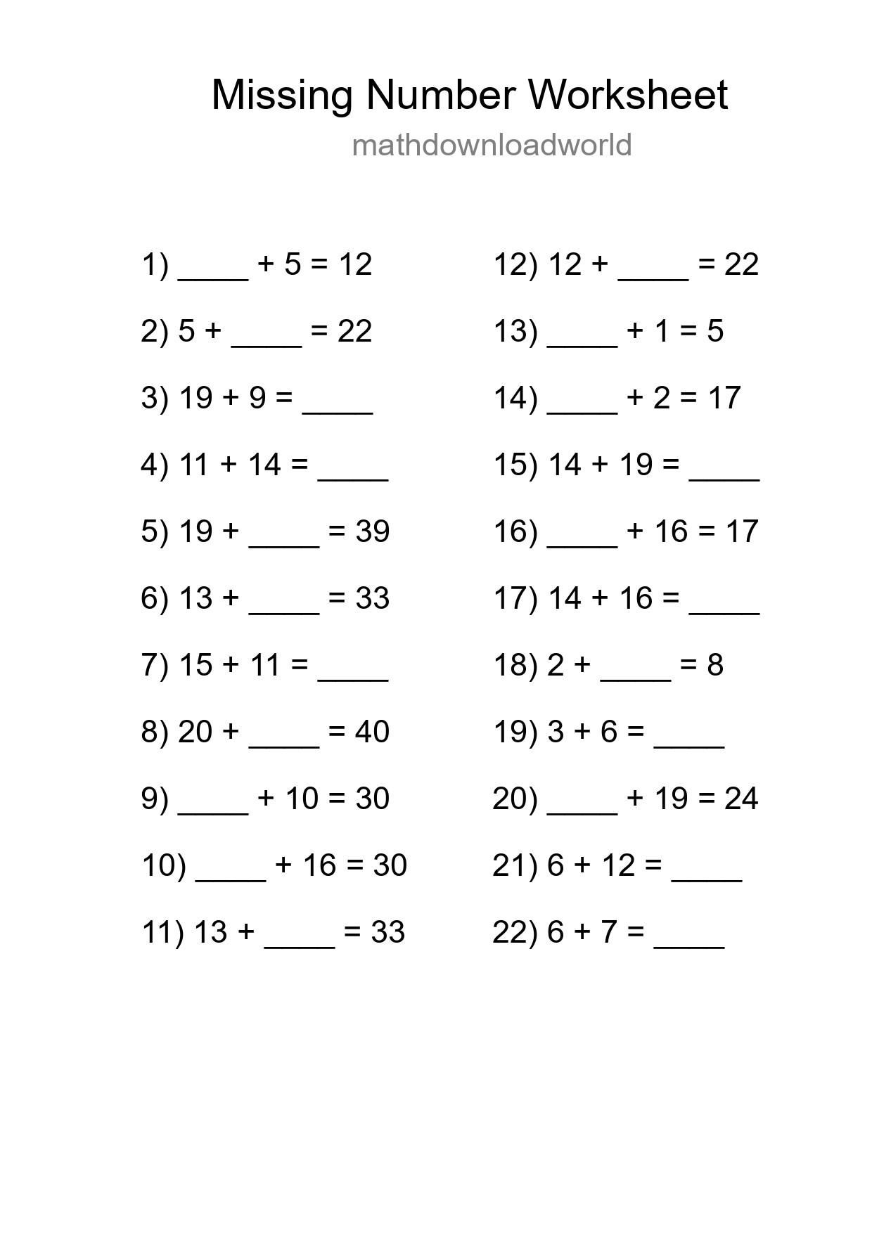 Missing Number Math Worksheet