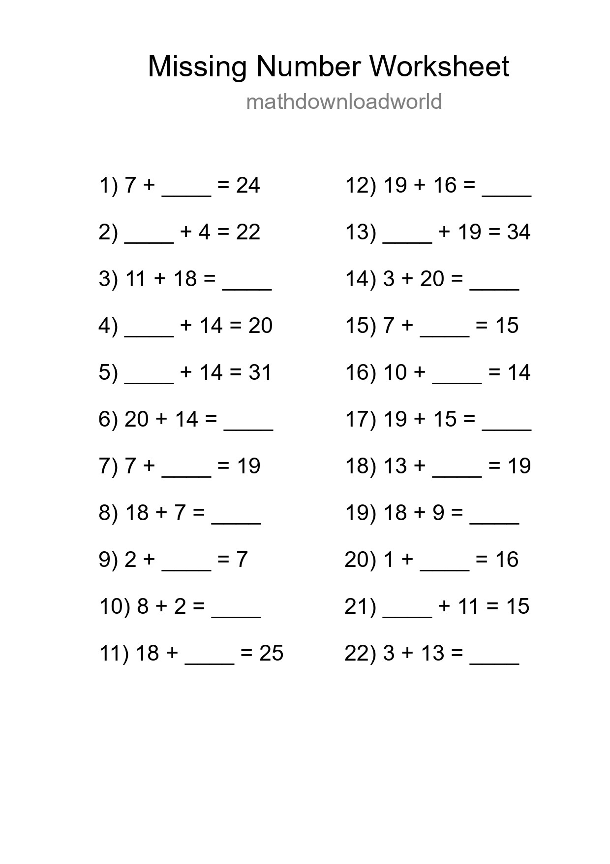 Missing Number Math Worksheet