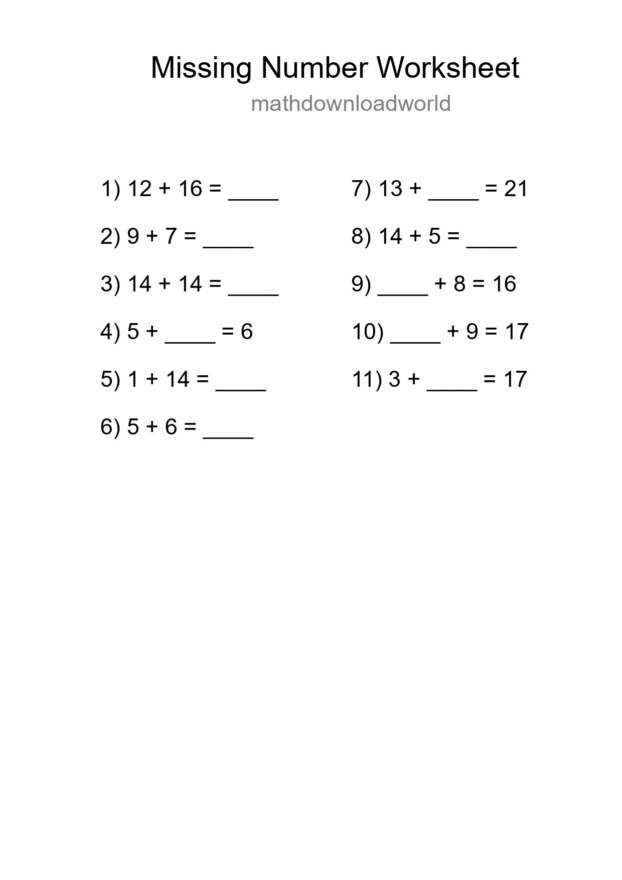 Missing Number Math Worksheet