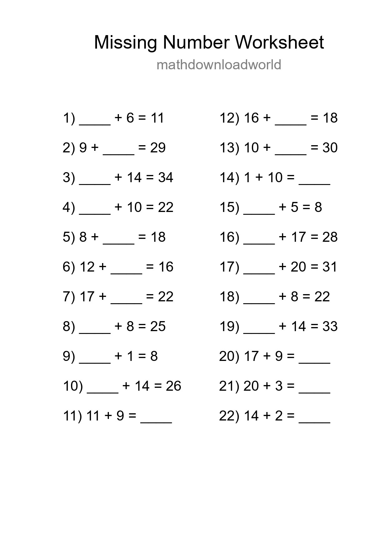 Missing Number Math Worksheet