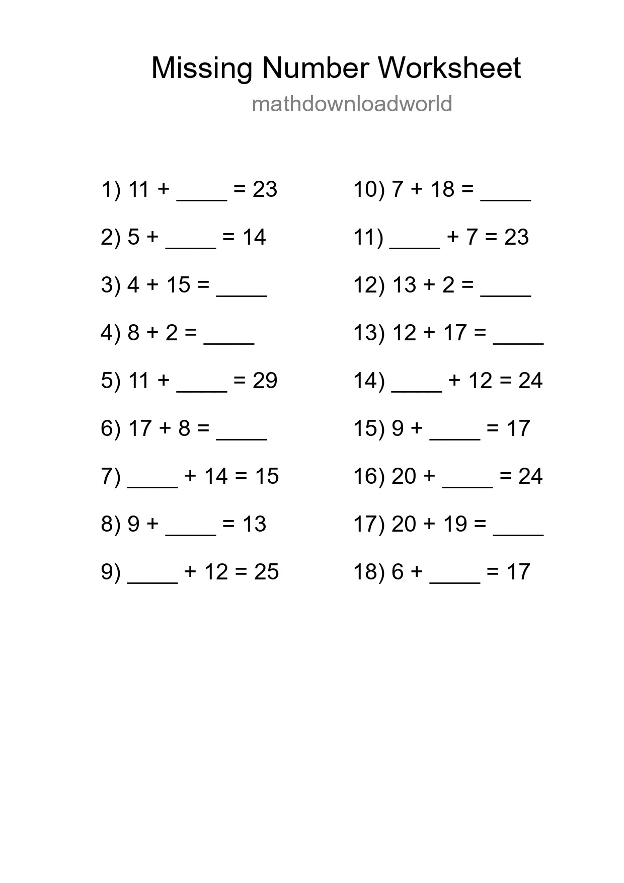 Missing Number Math Worksheet