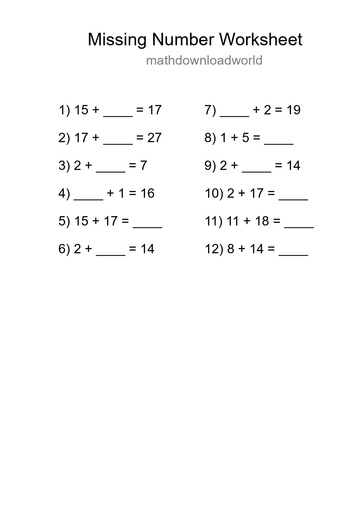 Missing Number Math Worksheet