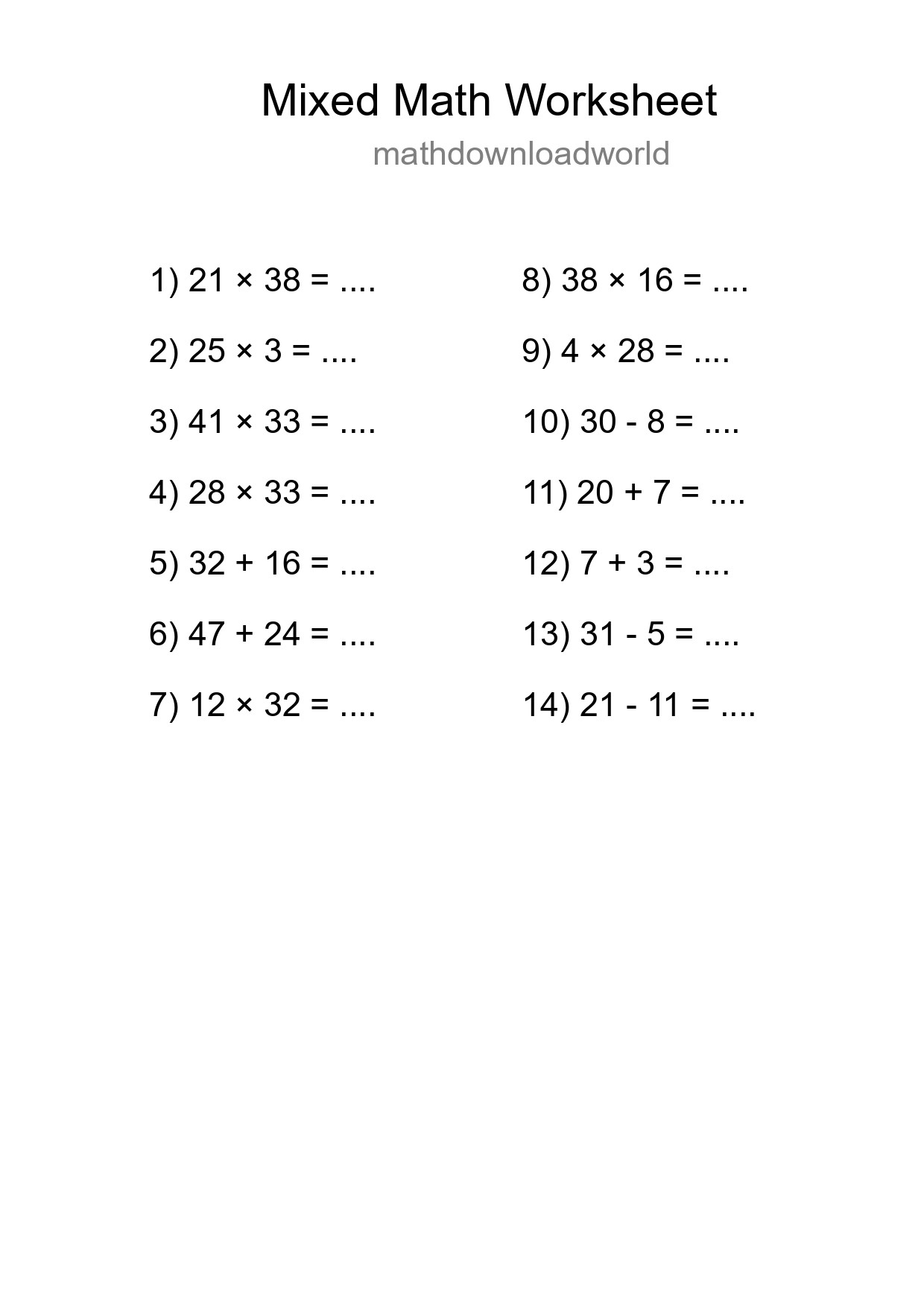 Mixed Operations Math Worksheet