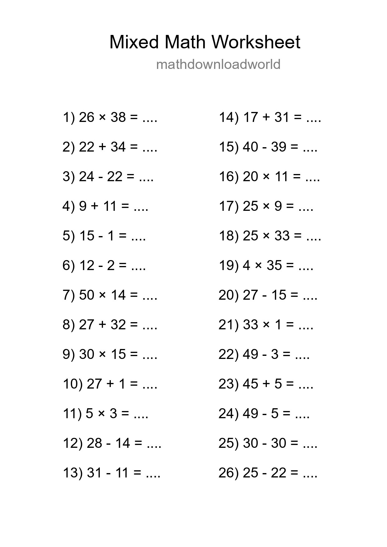 Mixed Operations Math Worksheet