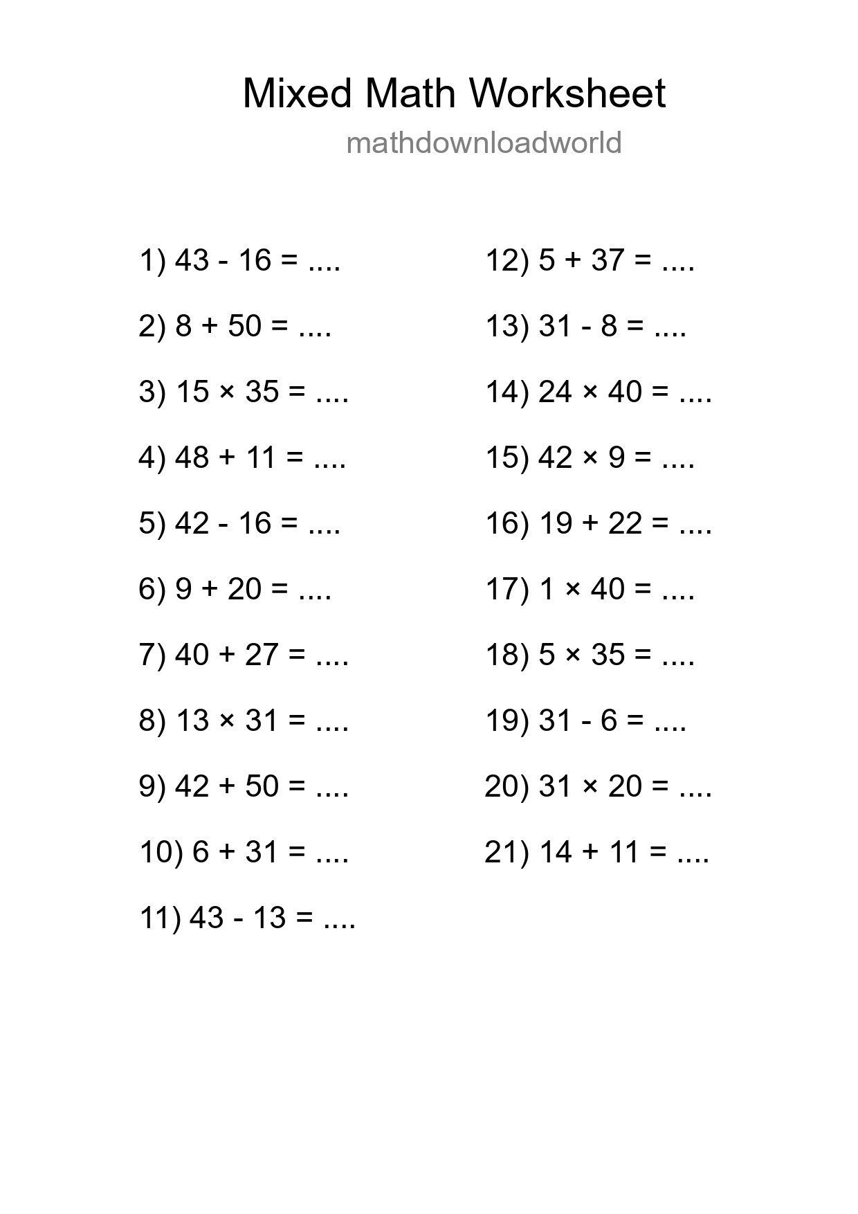 Mixed Operations Math Worksheet