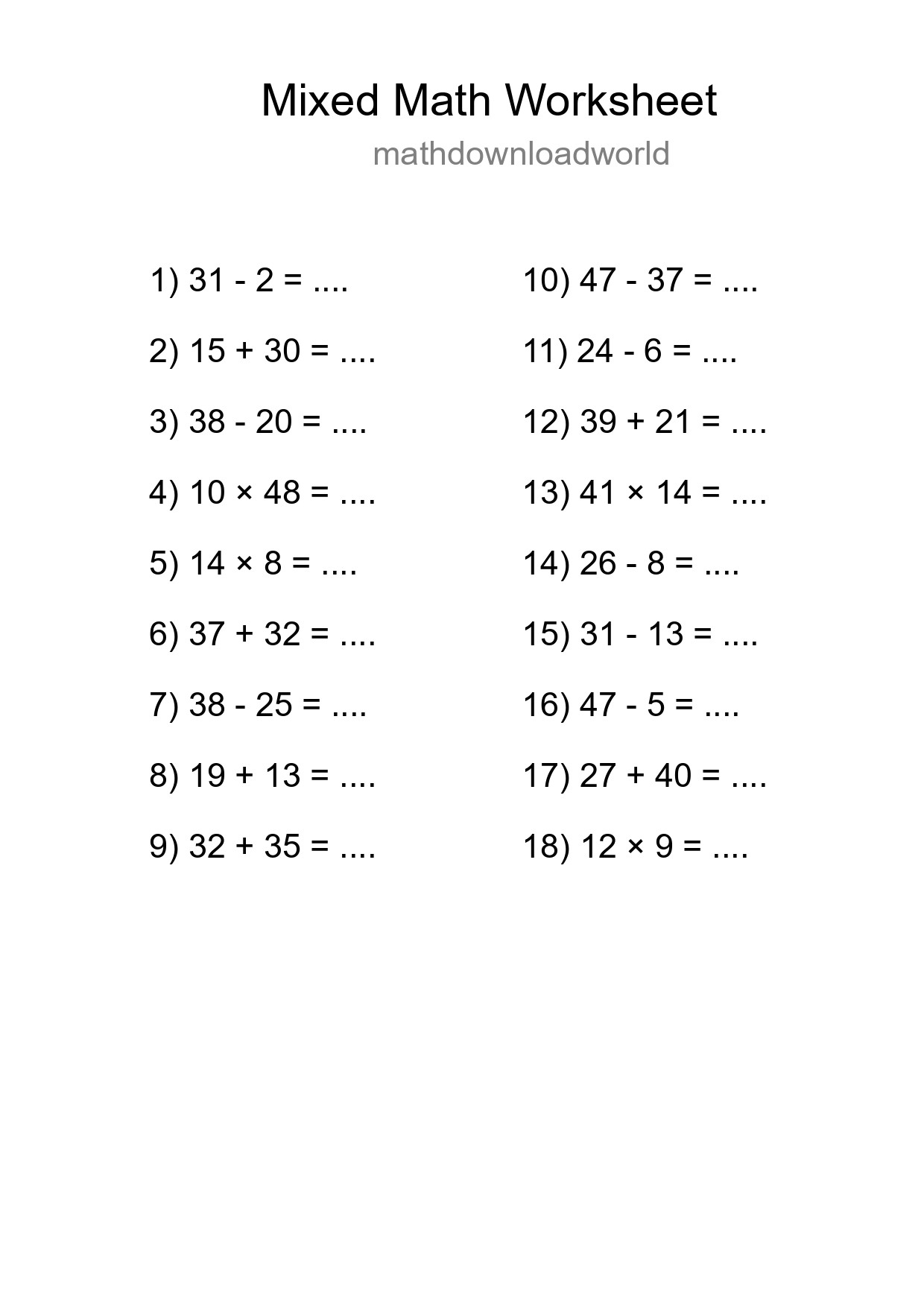 Mixed Operations Math Worksheet