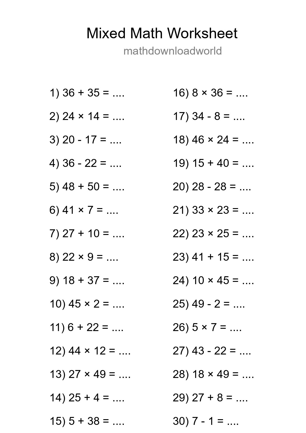 Mixed Operations Math Worksheet