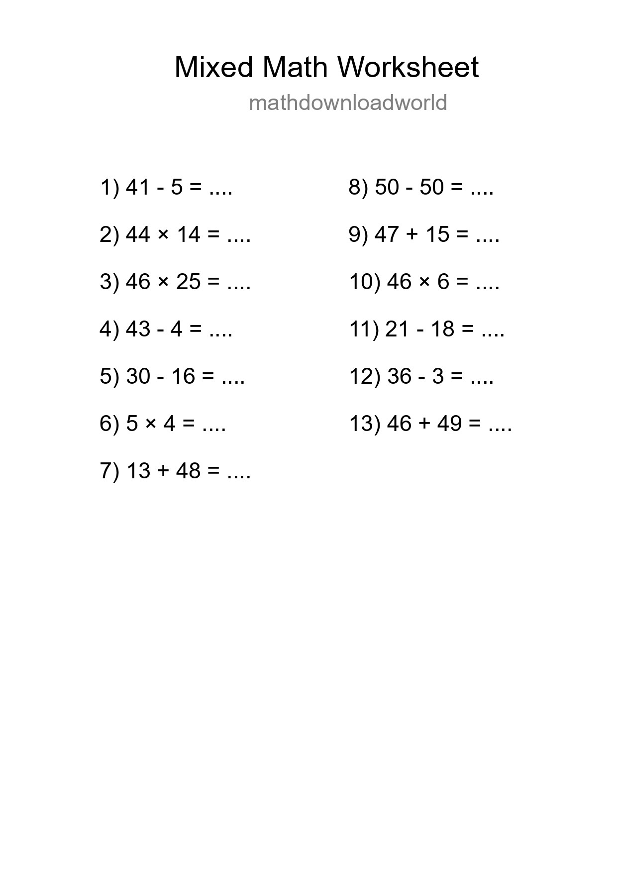 Mixed Operations Math Worksheet