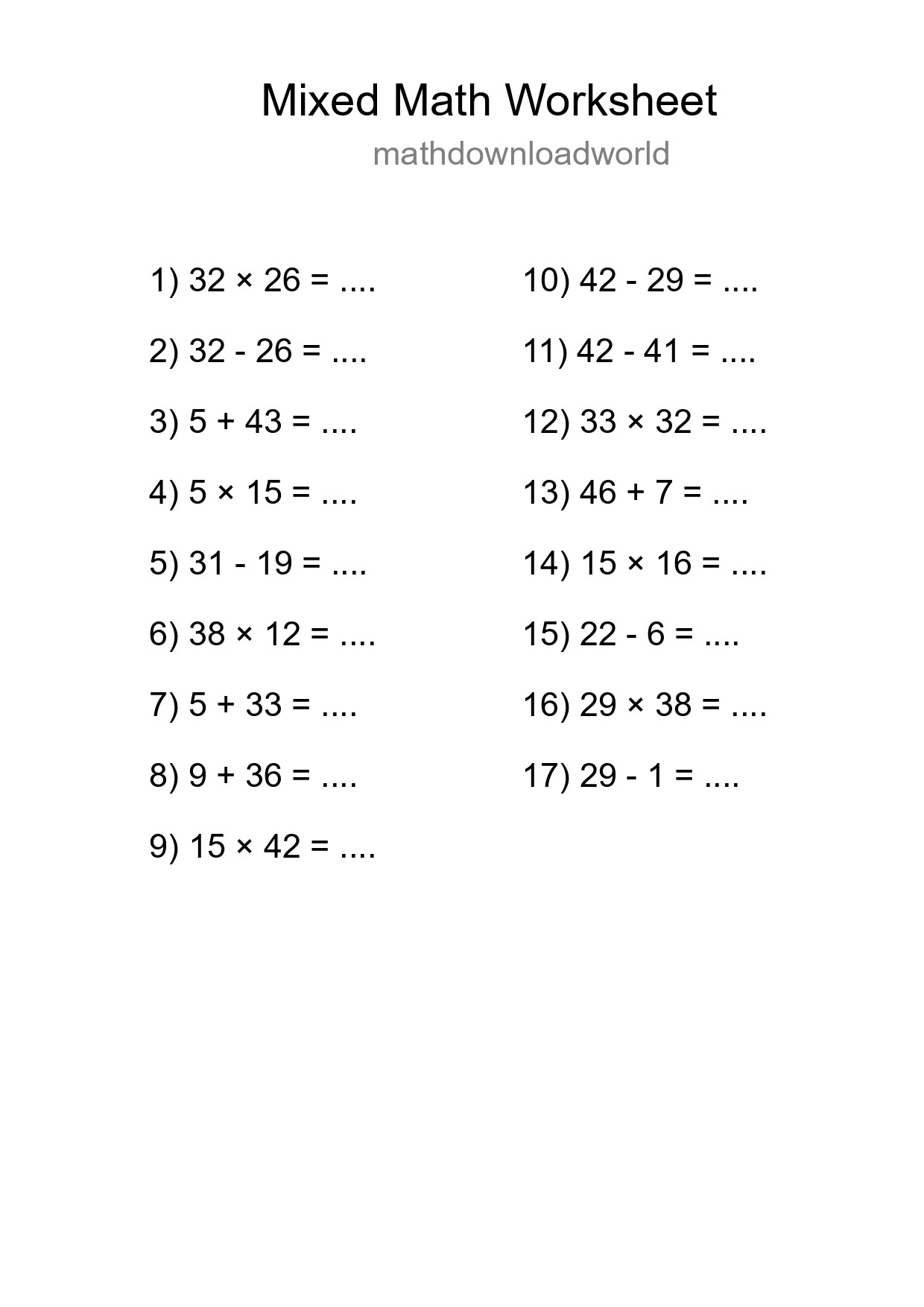 Mixed Operations Math Worksheet