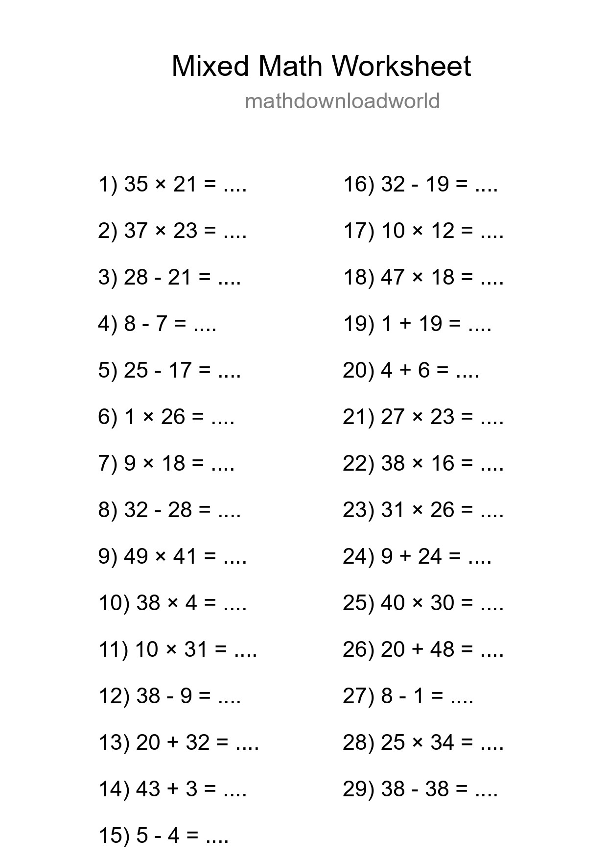 Mixed Operations Math Worksheet
