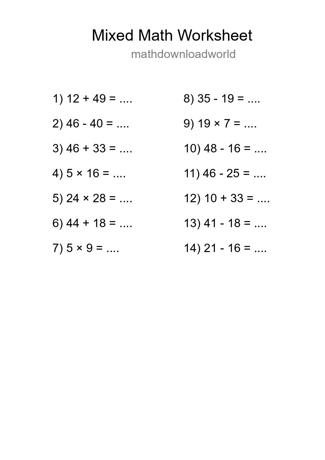 Mixed Operations Math Worksheet