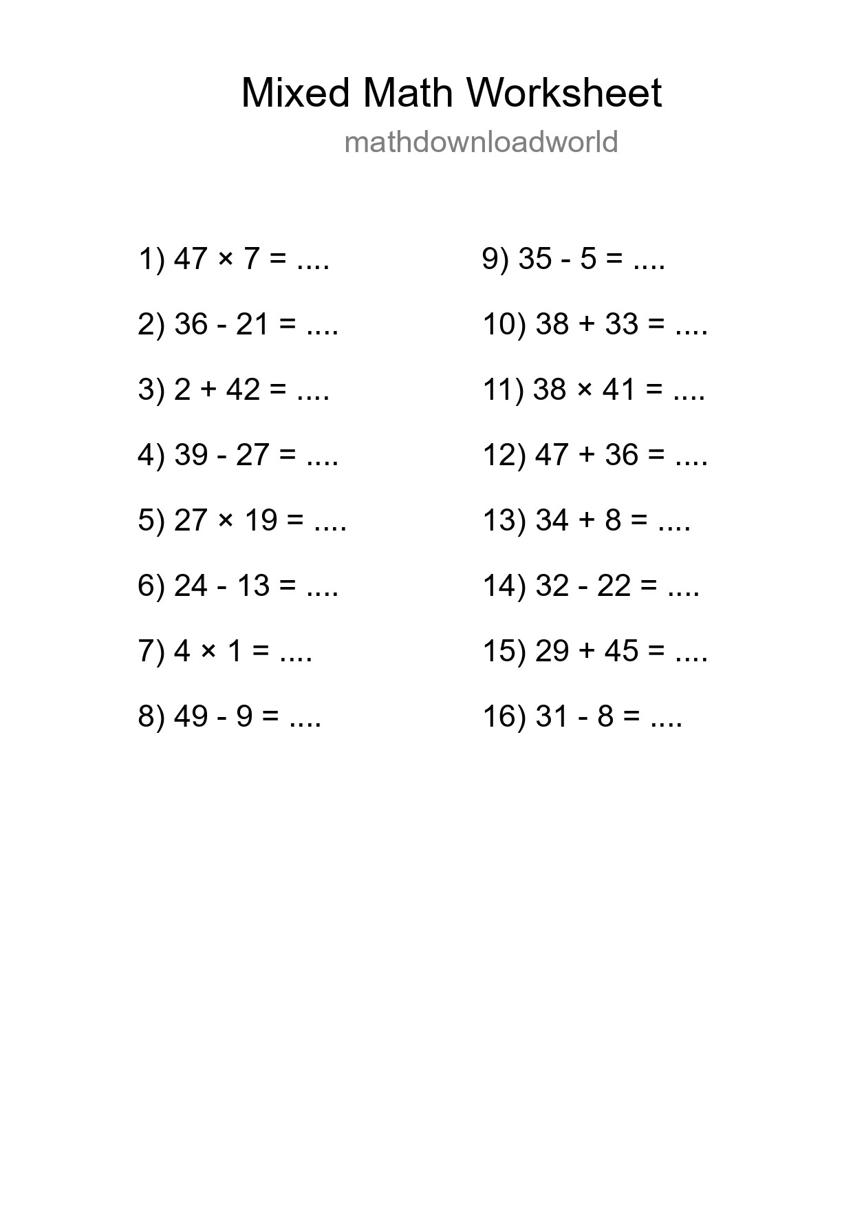 Mixed Operations Math Worksheet