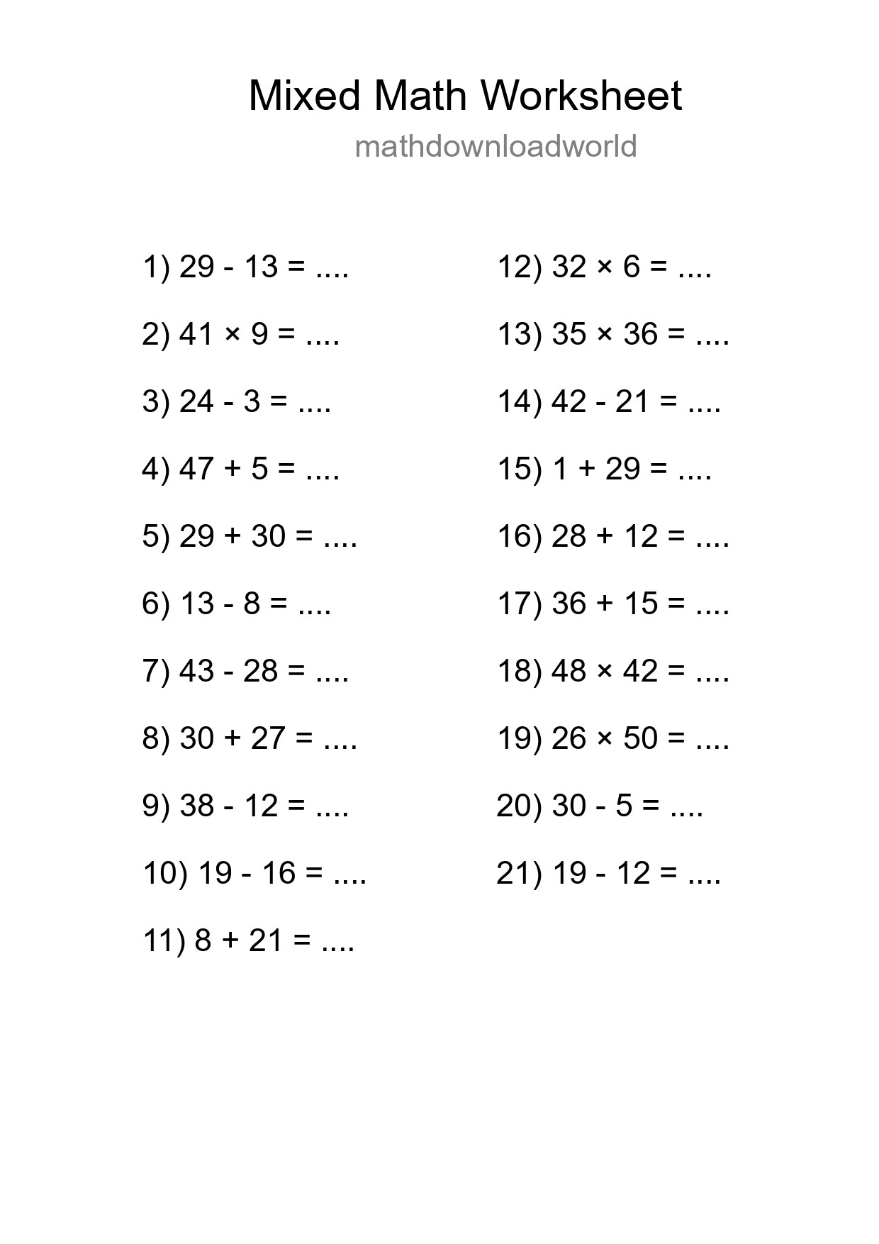 Mixed Operations Math Worksheet