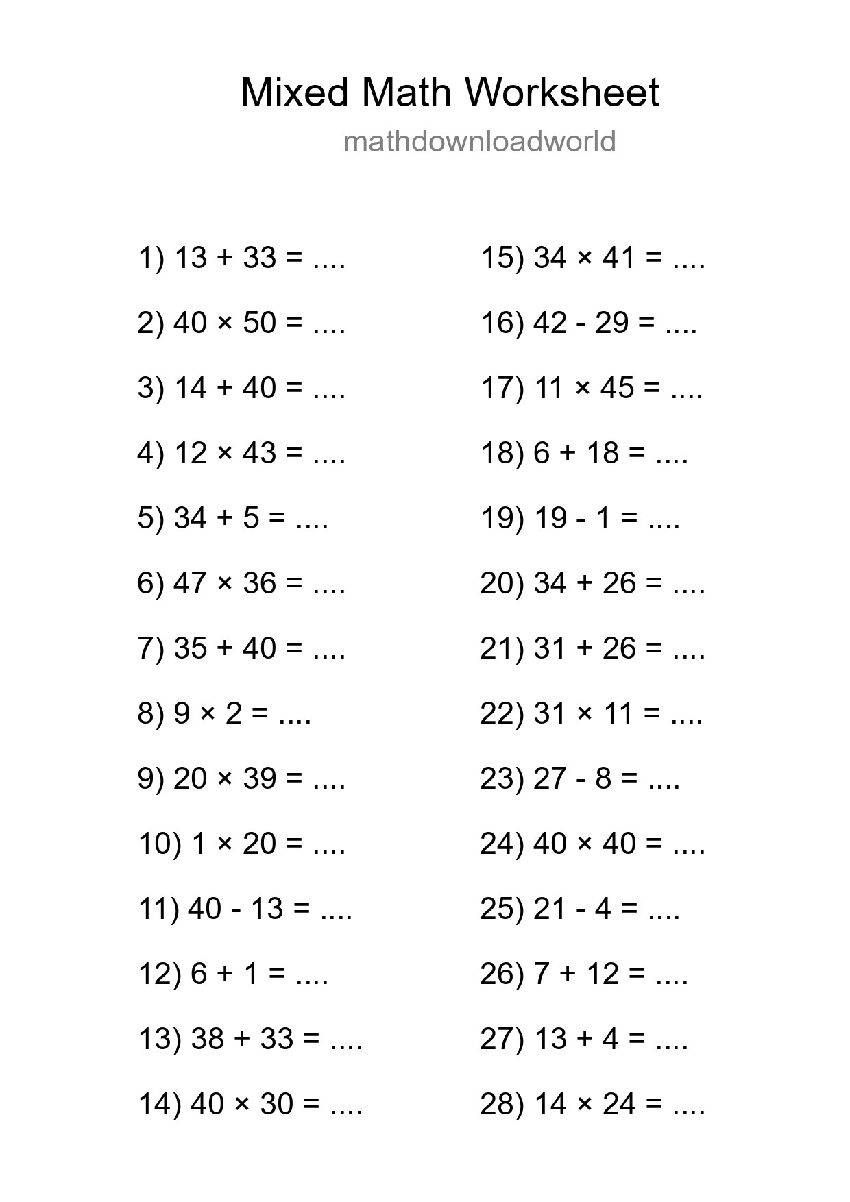 Mixed Operations Math Worksheet