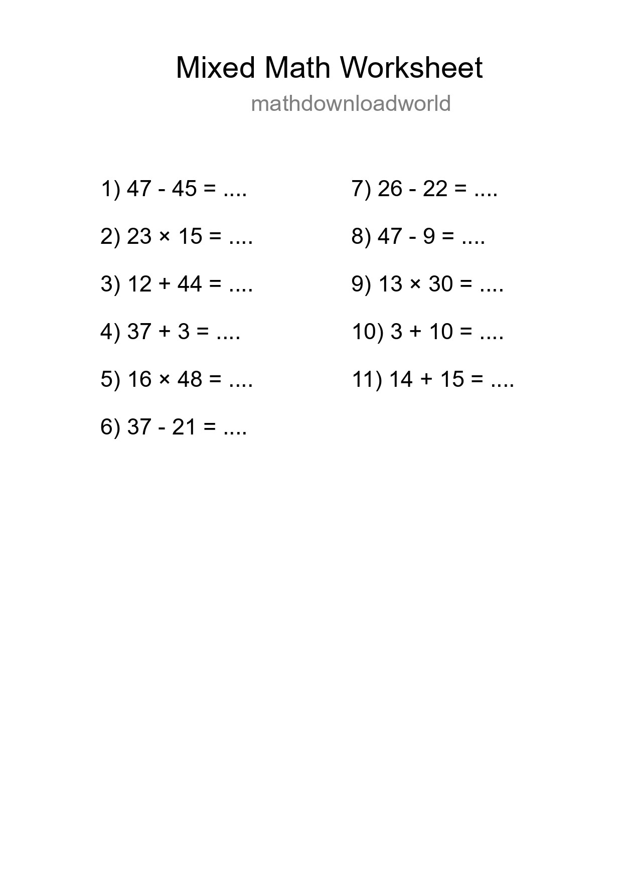 Mixed Operations Math Worksheet