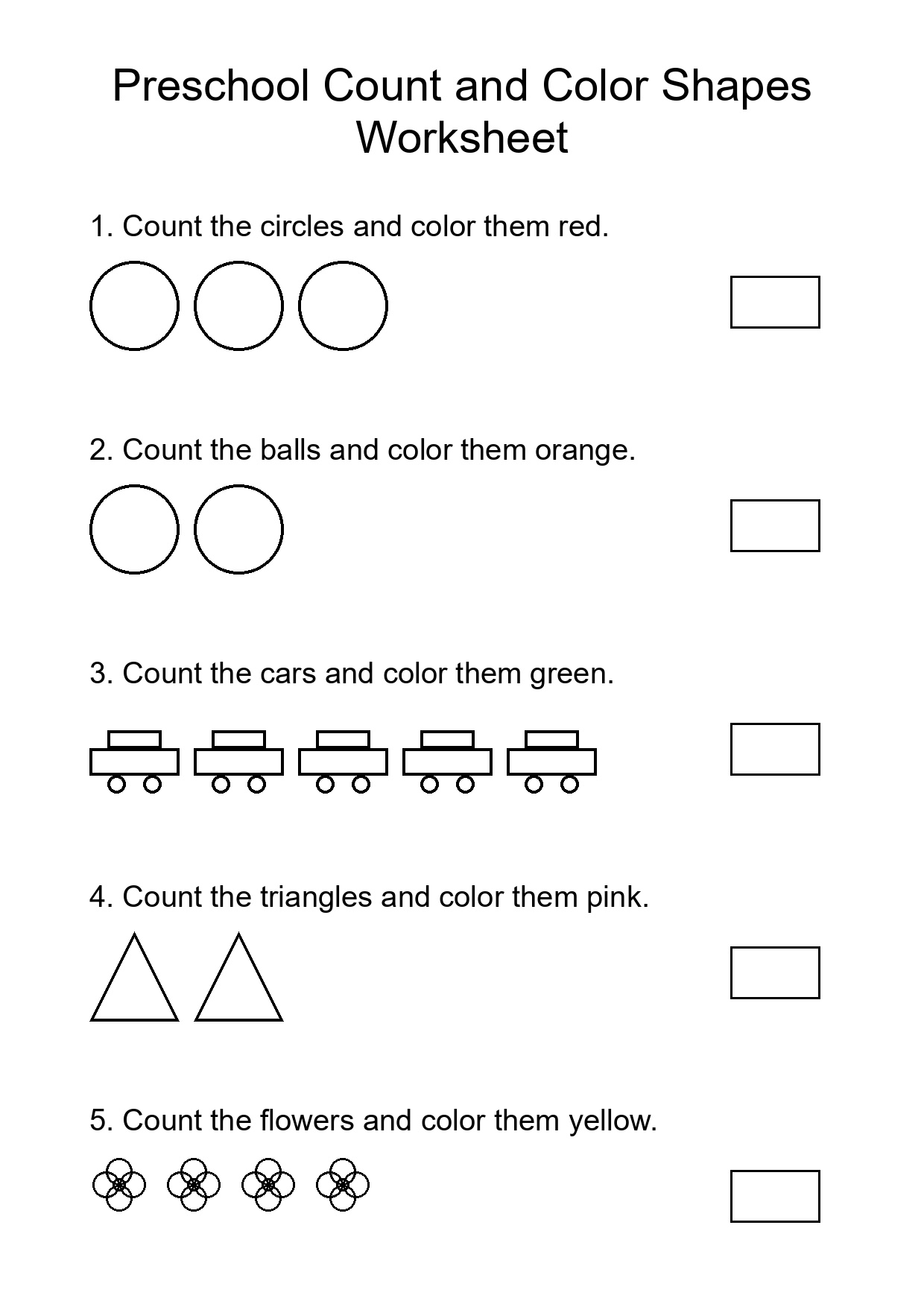 Preschool Count and Color Shapes Worksheet